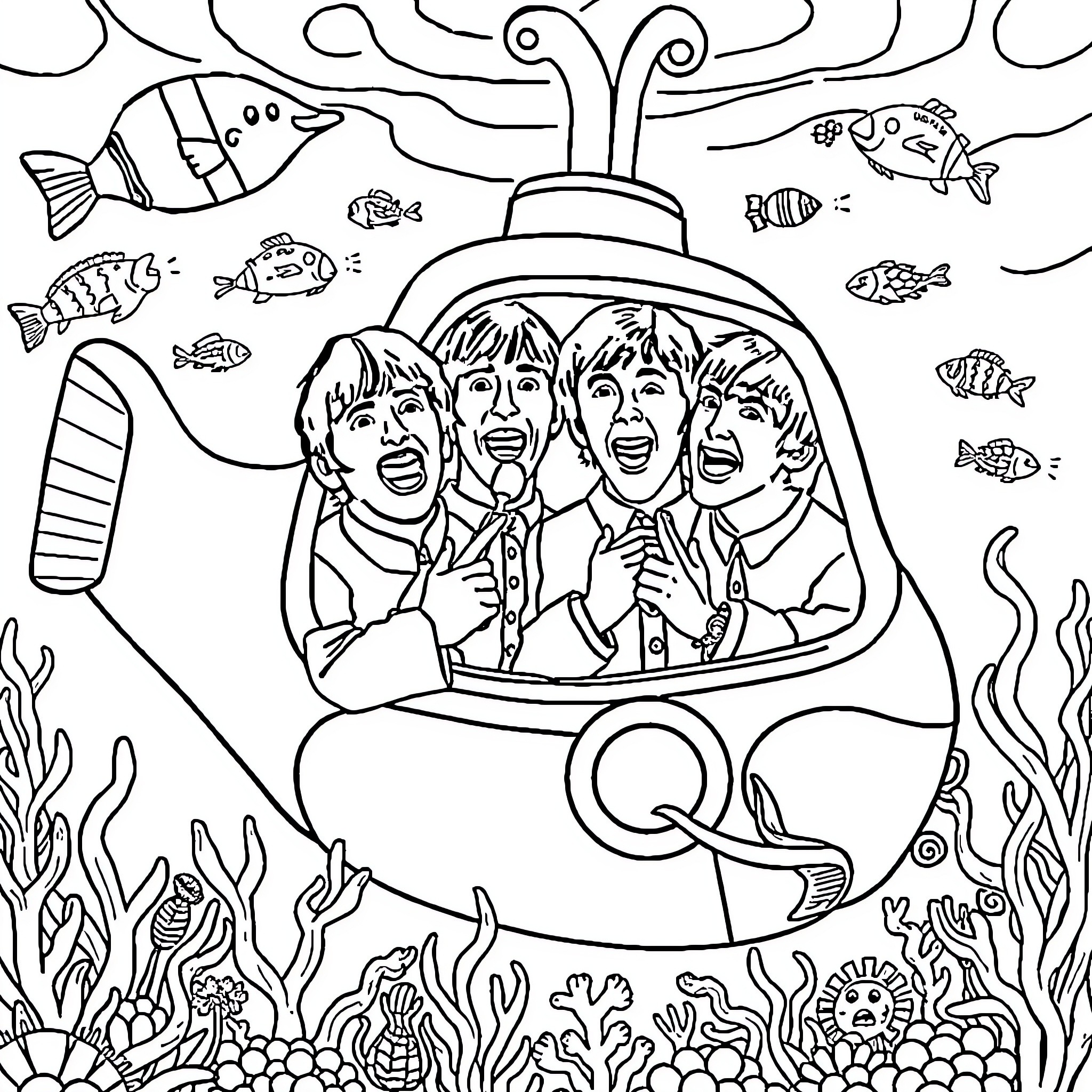 Beatles underwater adventure with marine life Coloring Page (free black-and-white line drawing printable PDF for all, from beginners to advanced learners, including children, teens, adults, and seniors)