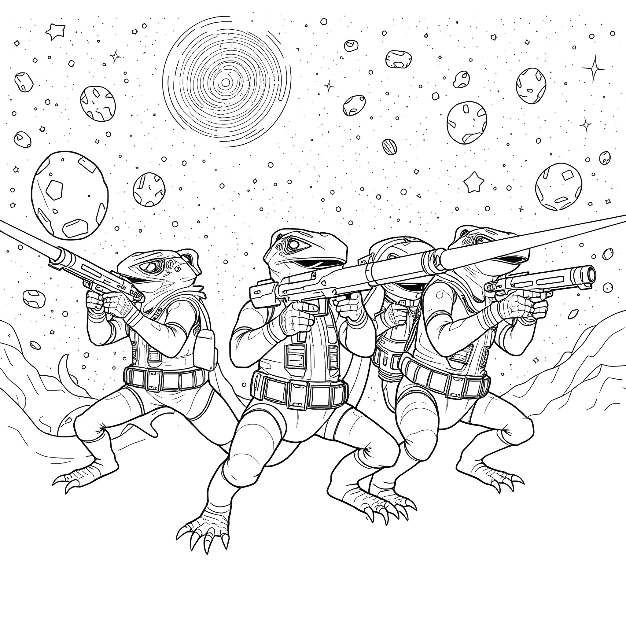 Lizard soldiers battling in space Coloring Page (free black-and-white line drawing printable PDF for all, from beginners to advanced learners, including children, teens, adults, and seniors)
