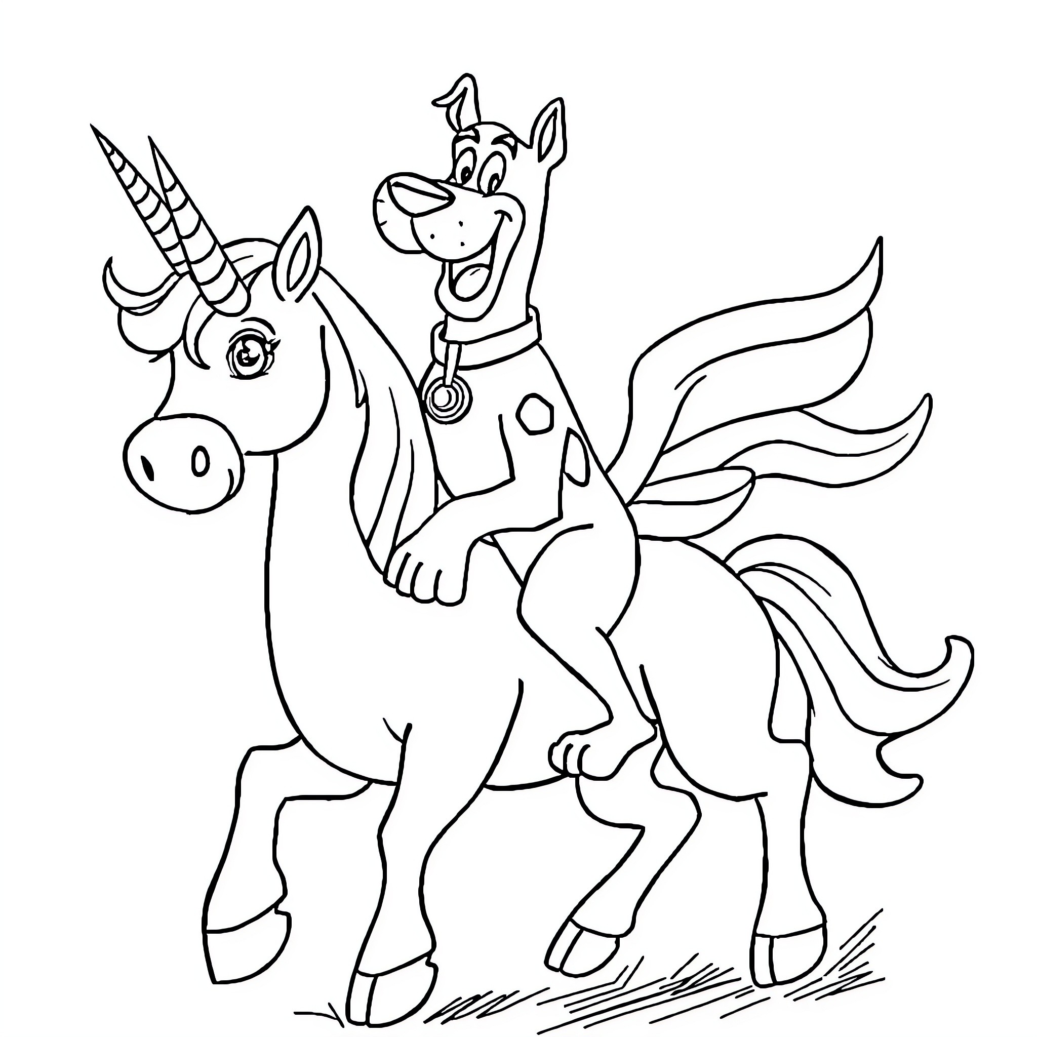 Scooby Doo riding a unicorn with enthusiasm Coloring Page (free black-and-white line drawing printable PDF for all, from beginners to advanced learners, including children, teens, adults, and seniors)