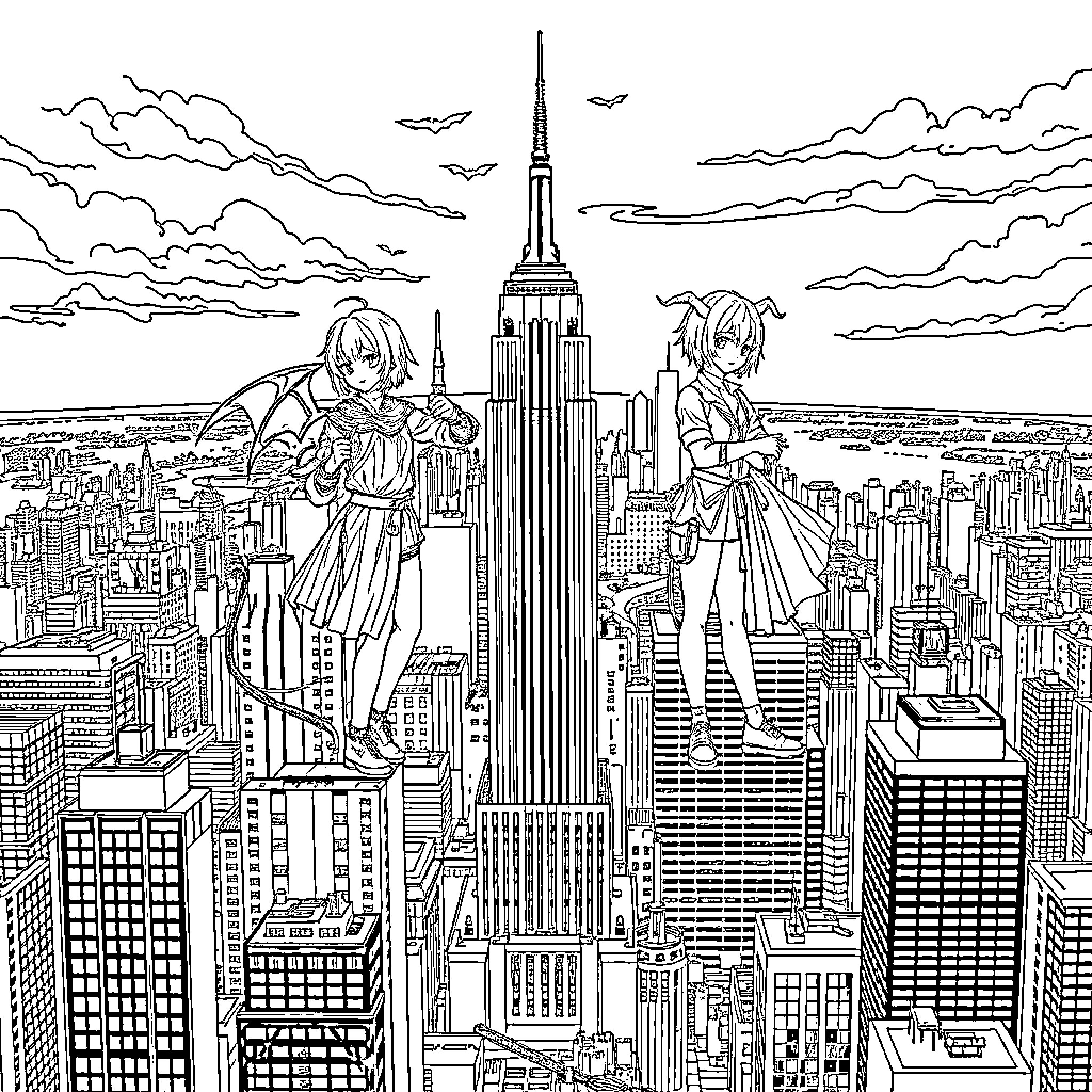 Kpop Demon Hunter Duo Battling Over Cityscape Coloring Page (free black-and-white line drawing printable PDF for all, from beginners to advanced learners, including children, teens, adults, and seniors)