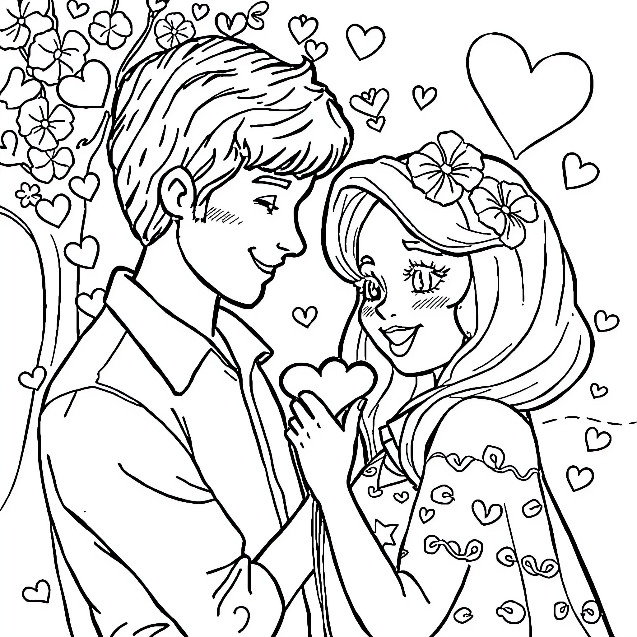 Ivette's Romantic Moment with Floral Backdrop Coloring Page (free black-and-white line drawing printable PDF for all, from beginners to advanced learners, including children, teens, adults, and seniors)