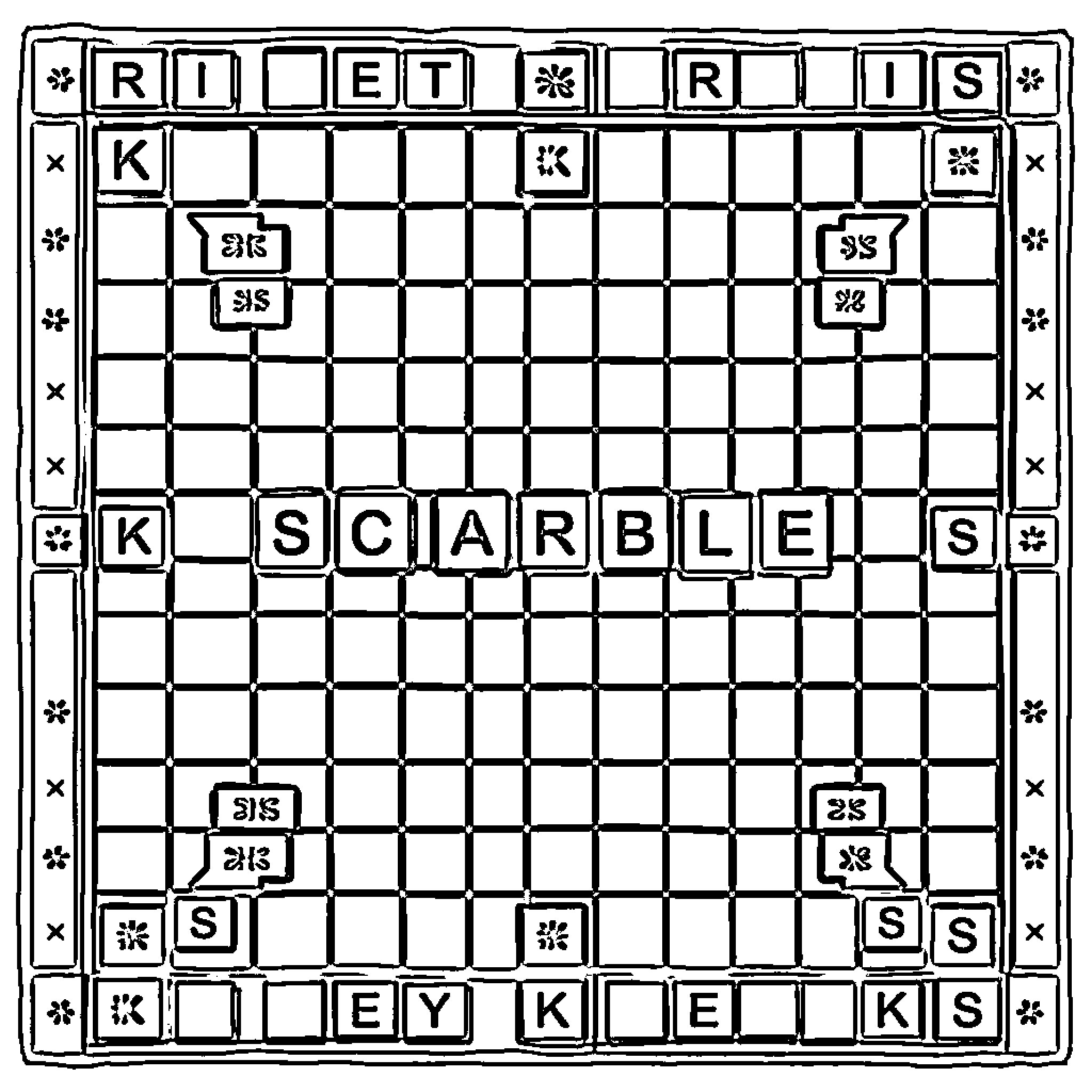 Scrabble game in progress with letters on board Coloring Page (free black-and-white line drawing printable PDF for all, from beginners to advanced learners, including children, teens, adults, and seniors)