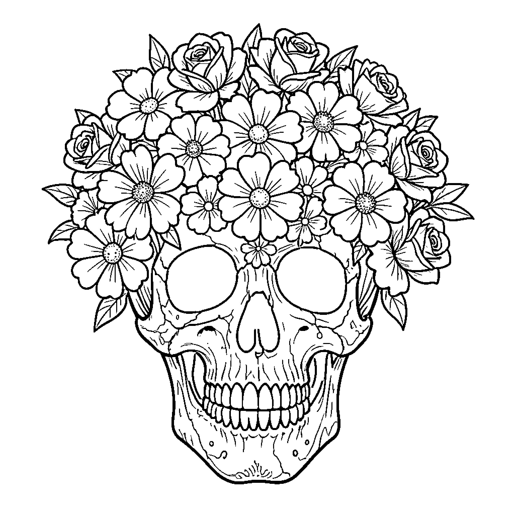 Skull wearing a large crown of blooming flowers Coloring Page (free black-and-white line drawing printable PDF for all, from beginners to advanced learners, including children, teens, adults, and seniors)