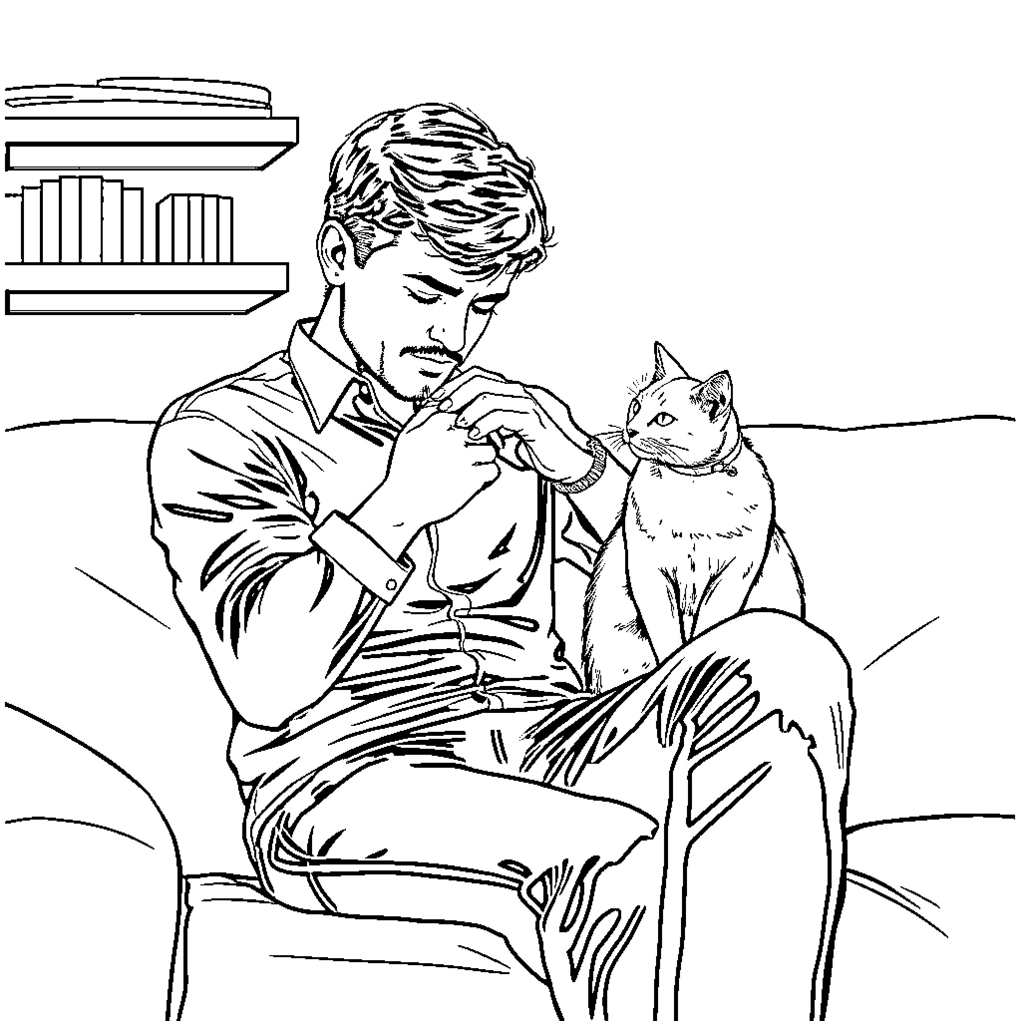 Man petting a cat in his home Coloring Page (free black-and-white line drawing printable PDF for all, from beginners to advanced learners, including children, teens, adults, and seniors)