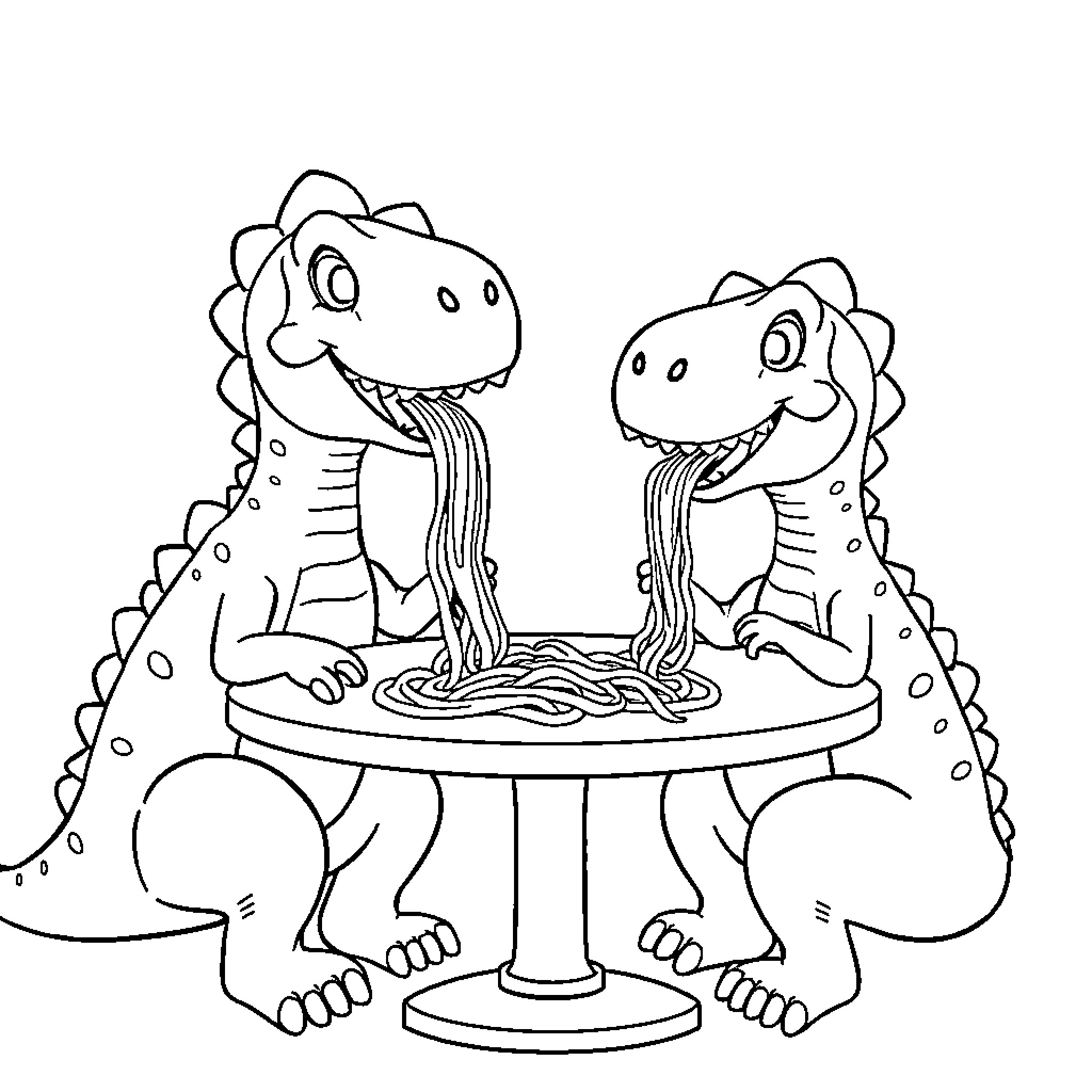 Dinosaurs enjoying a pasta meal together Coloring Page (free black-and-white line drawing printable PDF for all, from beginners to advanced learners, including children, teens, adults, and seniors)