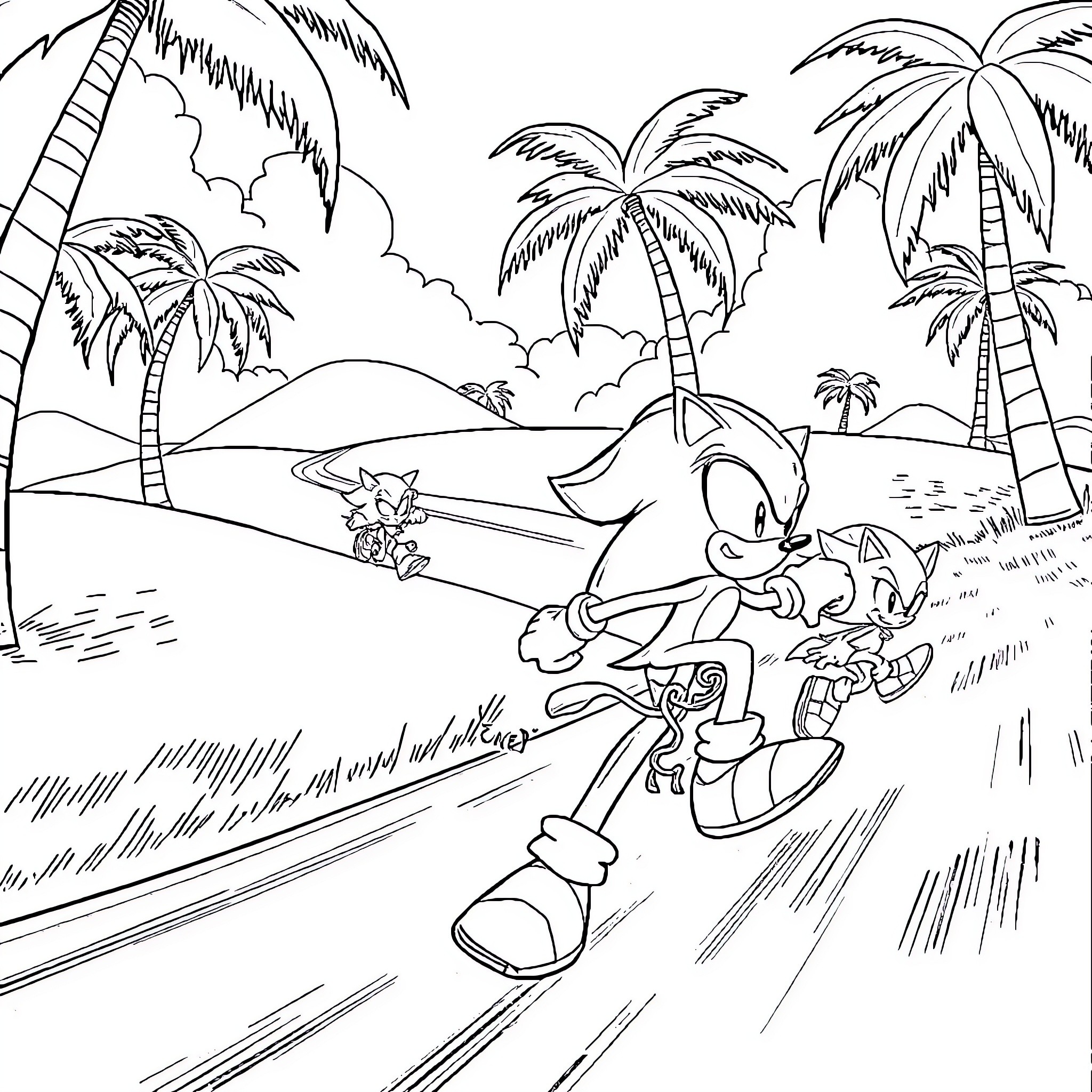 Sonic's Tropical Adventure Coloring Page (free black-and-white line drawing printable PDF for all, from beginners to advanced learners, including children, teens, adults, and seniors)