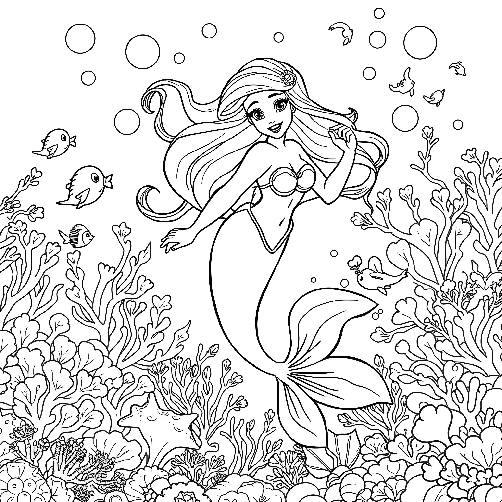 Ariel swimming gracefully among the coral reef Coloring Page (free black-and-white line drawing printable PDF for all, from beginners to advanced learners, including children, teens, adults, and seniors)