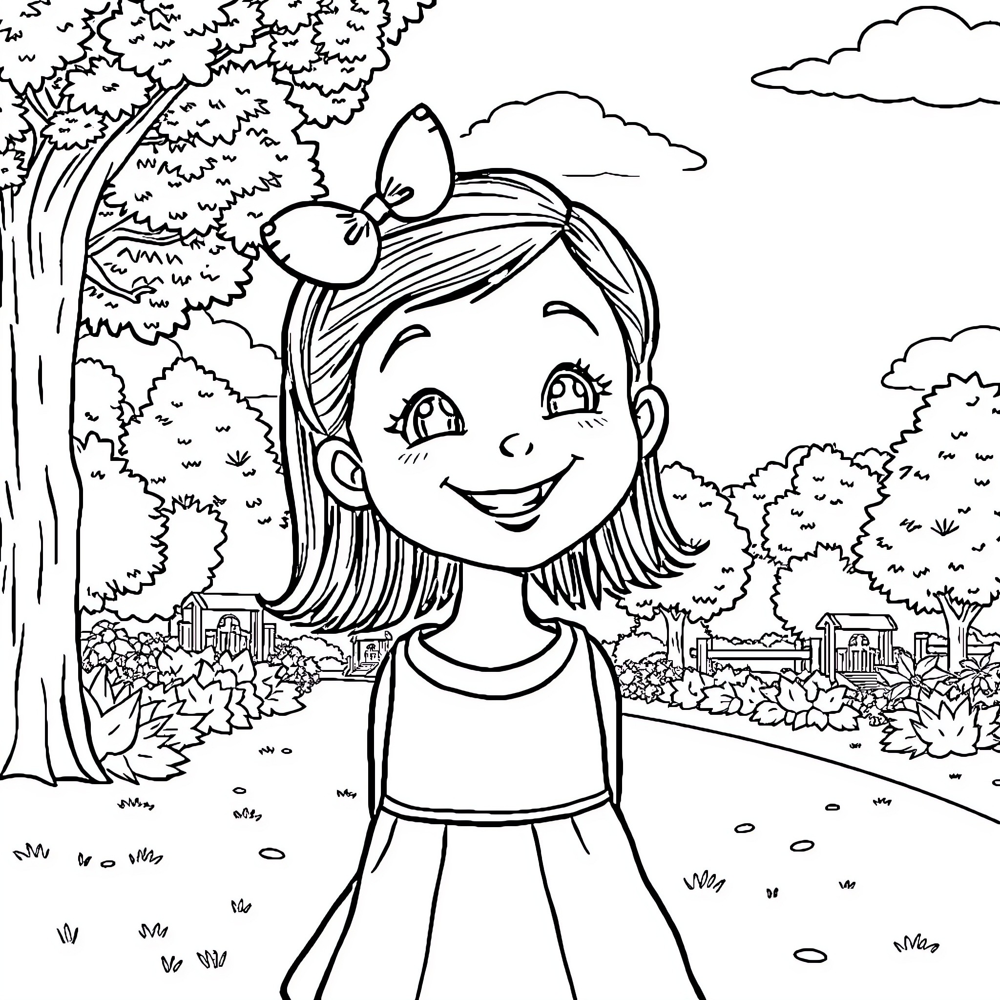Girl enjoying a picnic in the park Coloring Page (free black-and-white line drawing printable PDF for all, from beginners to advanced learners, including children, teens, adults, and seniors)