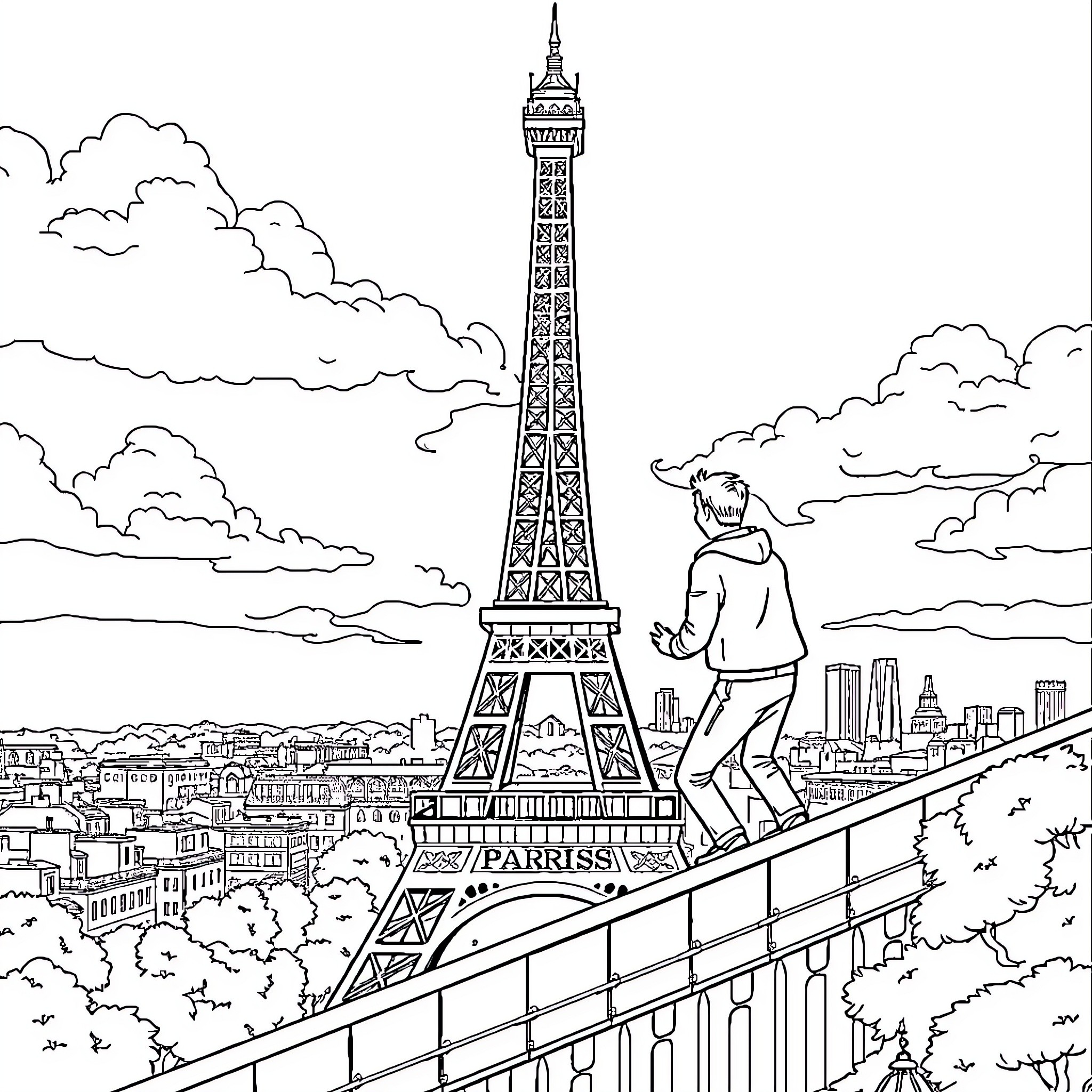 Chase the Parisian Skyline Adventure Coloring Page (free black-and-white line drawing printable PDF for all, from beginners to advanced learners, including children, teens, adults, and seniors)