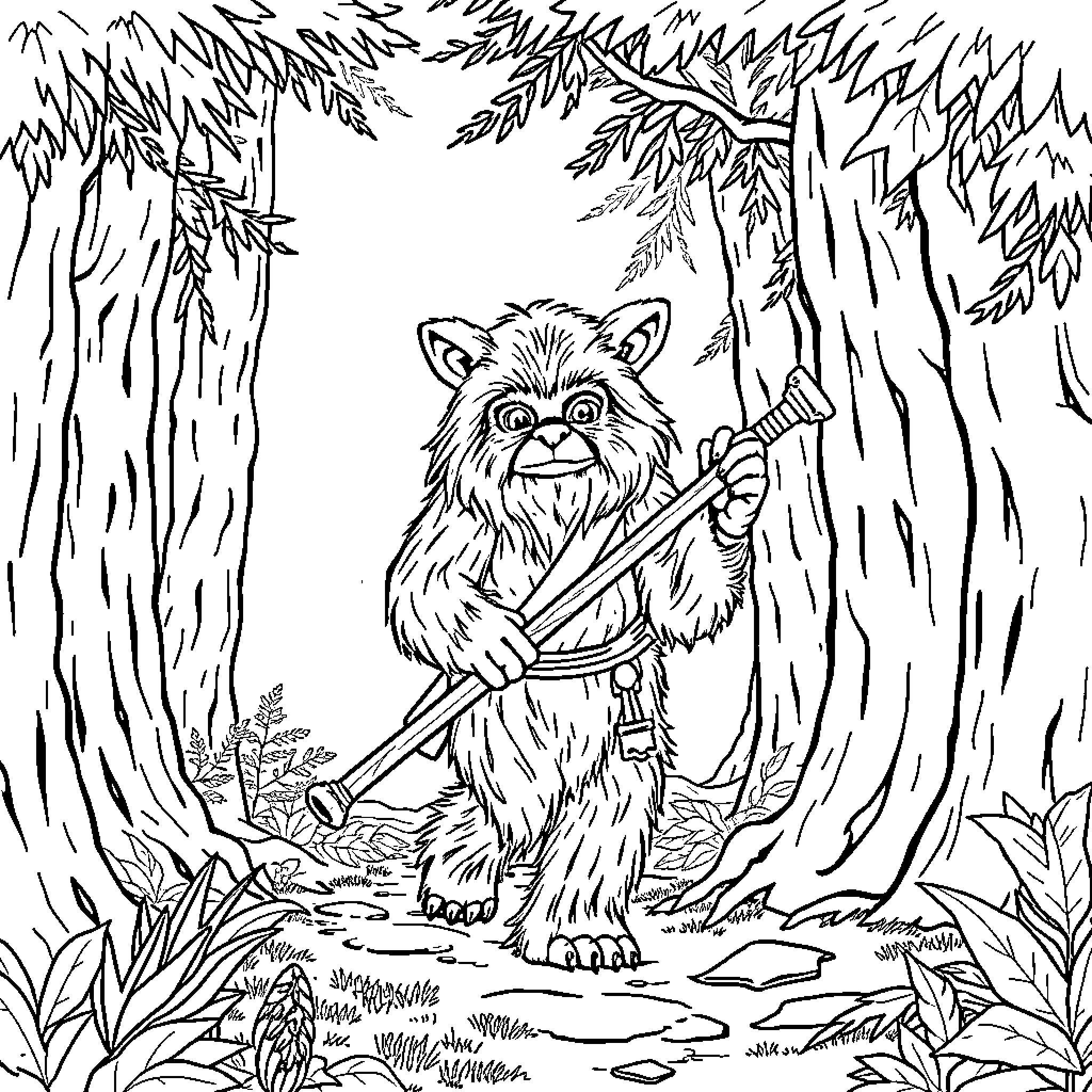 Ewok exploring the enchanted forest Coloring Page (free black-and-white line drawing printable PDF for all, from beginners to advanced learners, including children, teens, adults, and seniors)