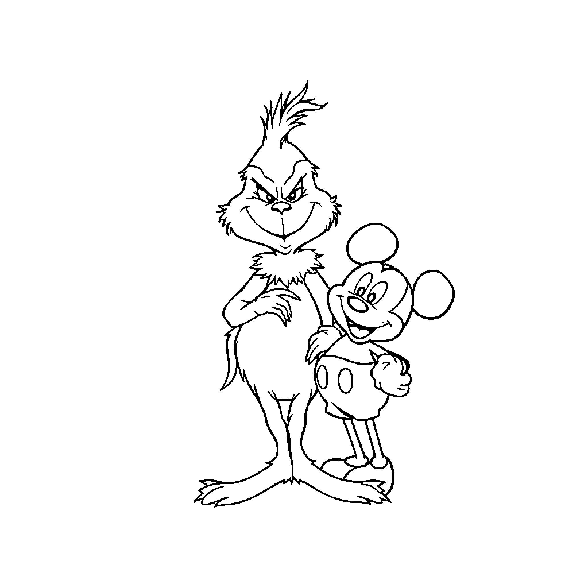 Grinch and Mickey Mouse in a playful interaction Coloring Page (free black-and-white line drawing printable PDF for all, from beginners to advanced learners, including children, teens, adults, and seniors)