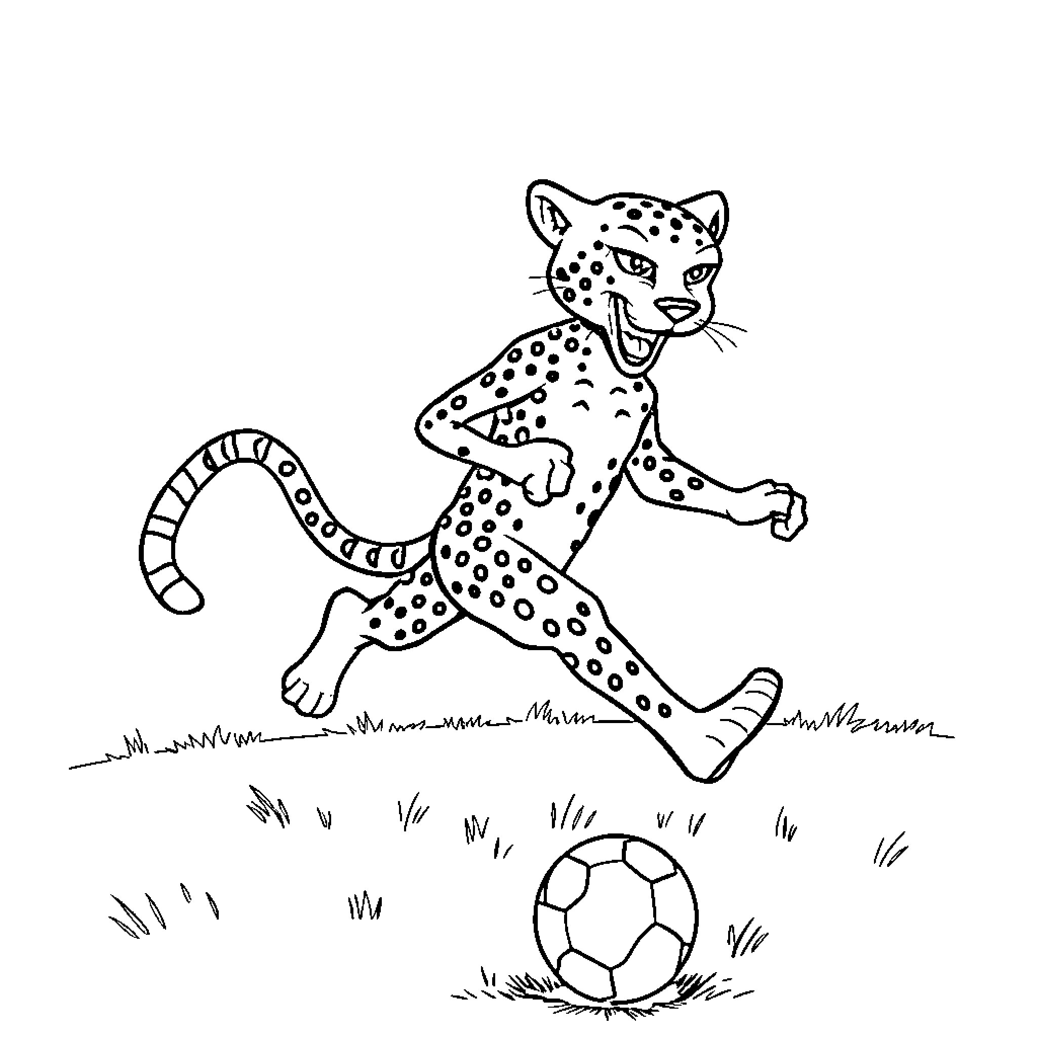 Cheetah playing happily with a soccer ball Coloring Page (free black-and-white line drawing printable PDF for all, from beginners to advanced learners, including children, teens, adults, and seniors)