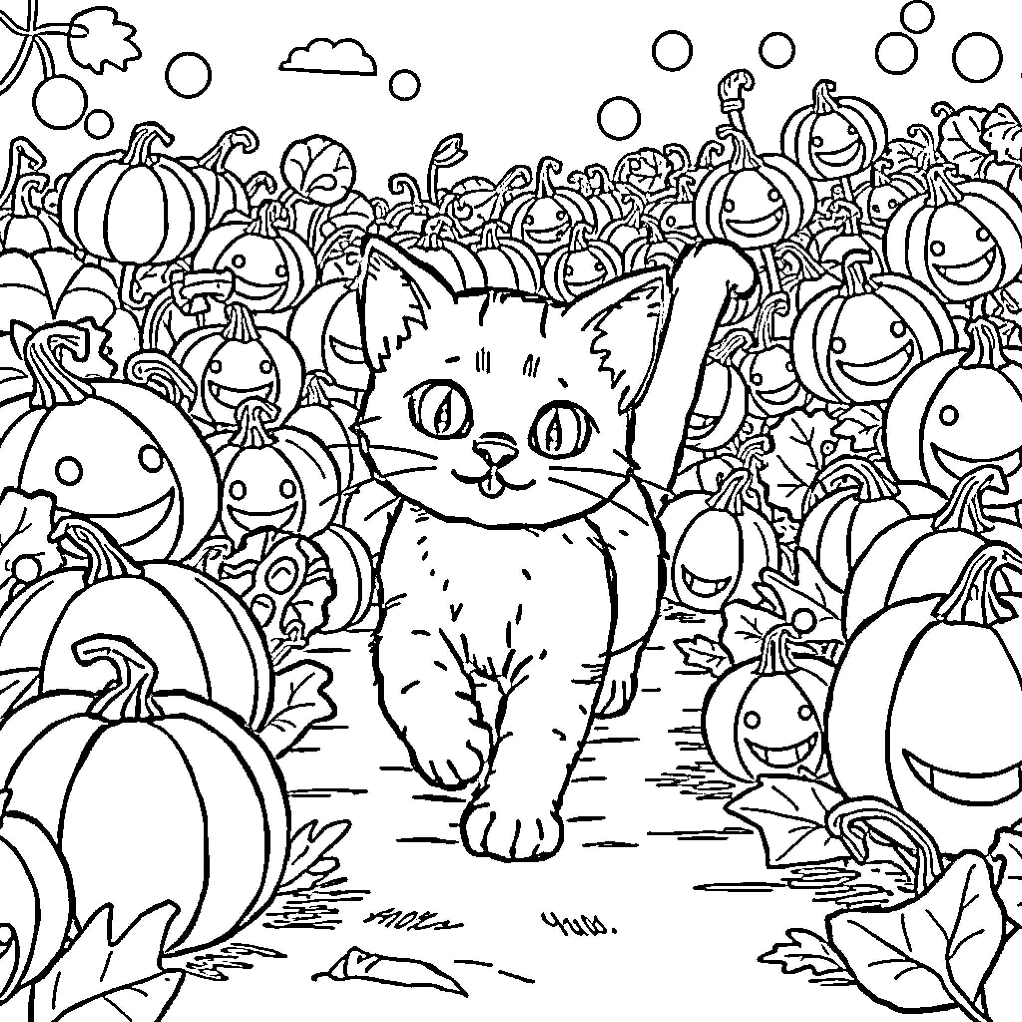Cat among the festive pumpkins and decorations Coloring Page (free black-and-white line drawing printable PDF for all, from beginners to advanced learners, including children, teens, adults, and seniors)