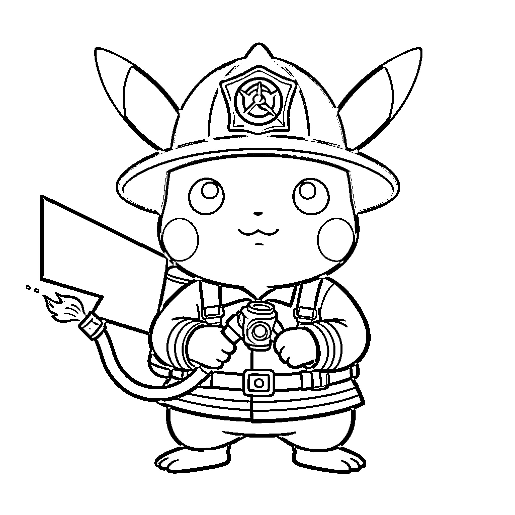 Pikachu dressed as a firefighter Coloring Page (free black-and-white line drawing printable PDF for all, from beginners to advanced learners, including children, teens, adults, and seniors)