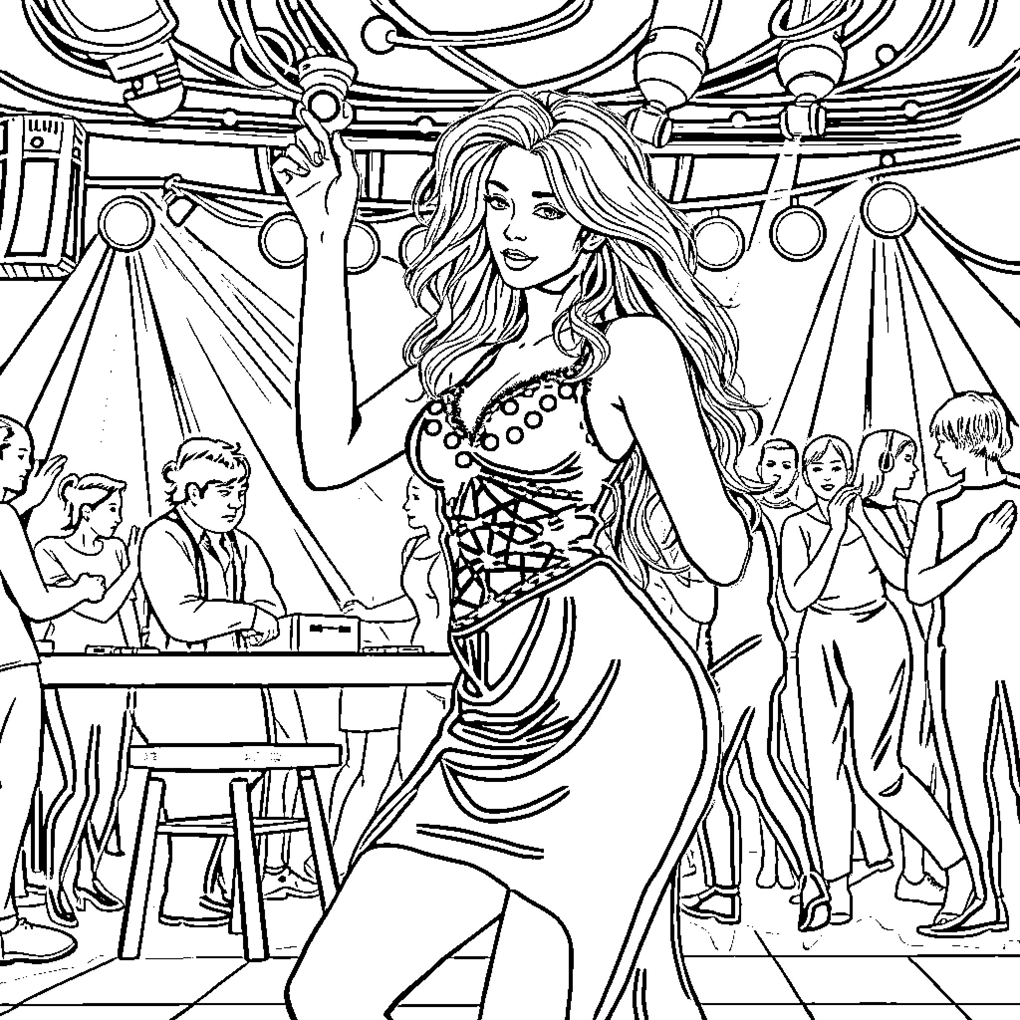 Woman dancing on stage with audience Coloring Page (free black-and-white line drawing printable PDF for all, from beginners to advanced learners, including children, teens, adults, and seniors)