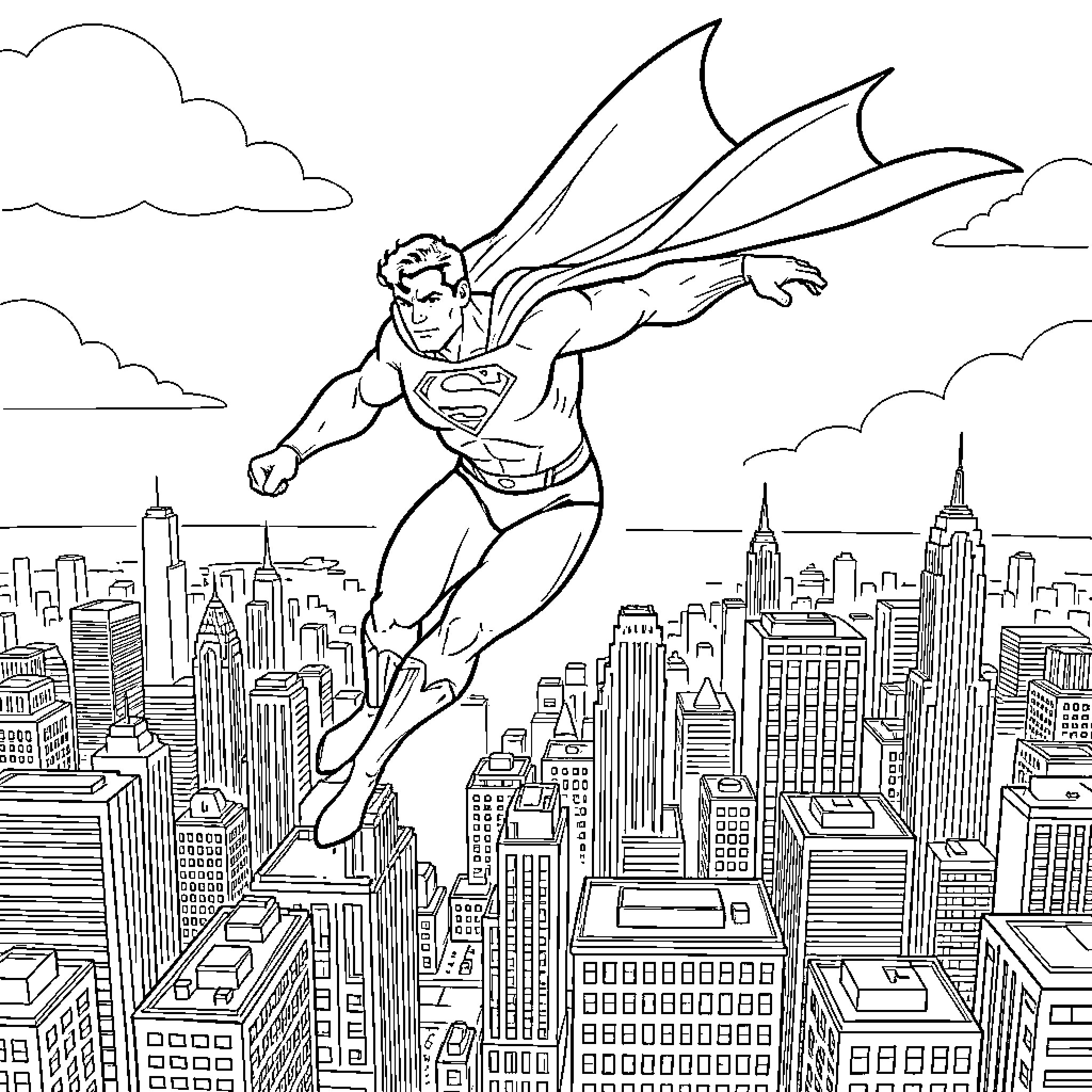 Superman flying heroically over a sprawling cityscape Coloring Page (free black-and-white line drawing printable PDF for all, from beginners to advanced learners, including children, teens, adults, and seniors)