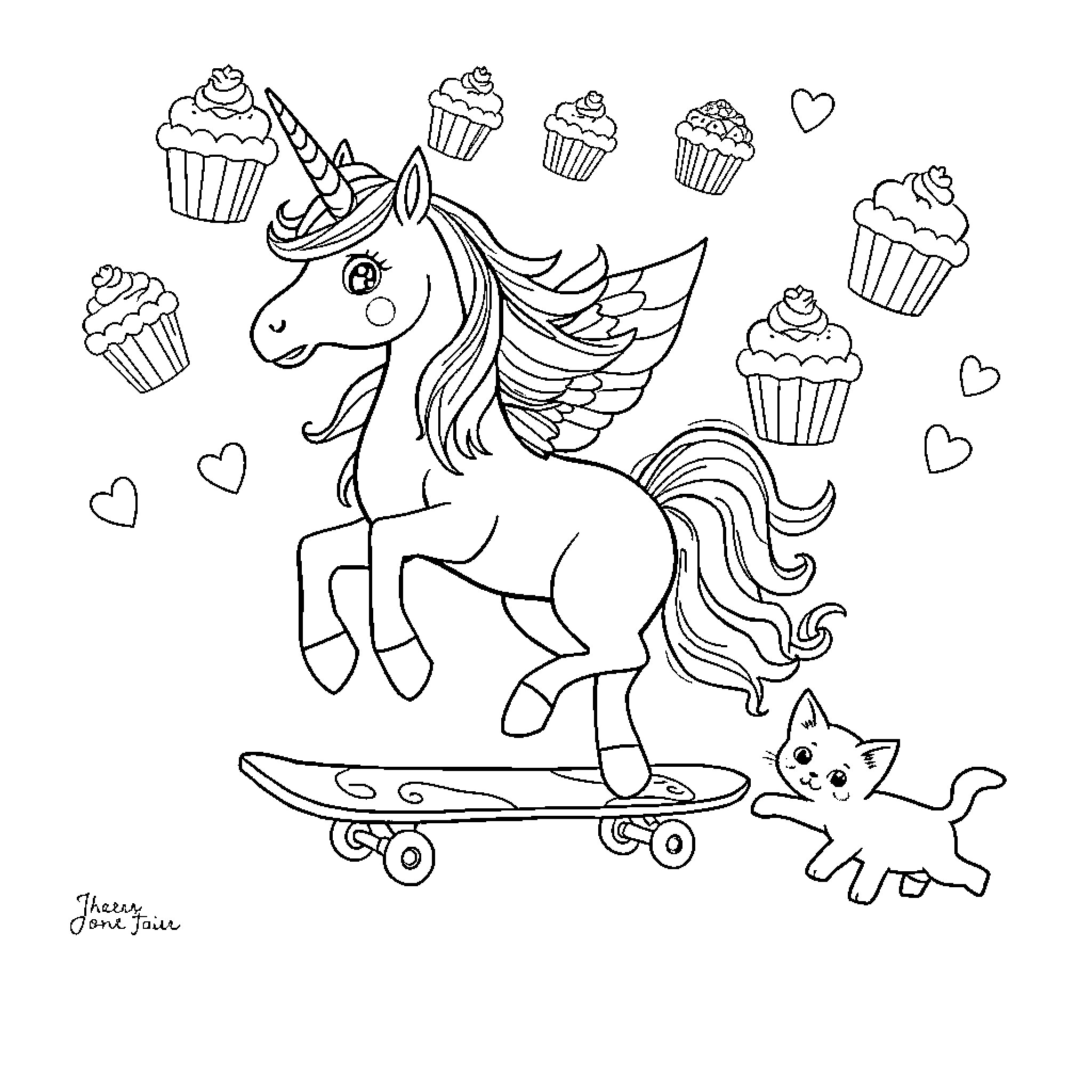 Unicorn riding a skateboard with cupcakes Coloring Page (free black-and-white line drawing printable PDF for all, from beginners to advanced learners, including children, teens, adults, and seniors)