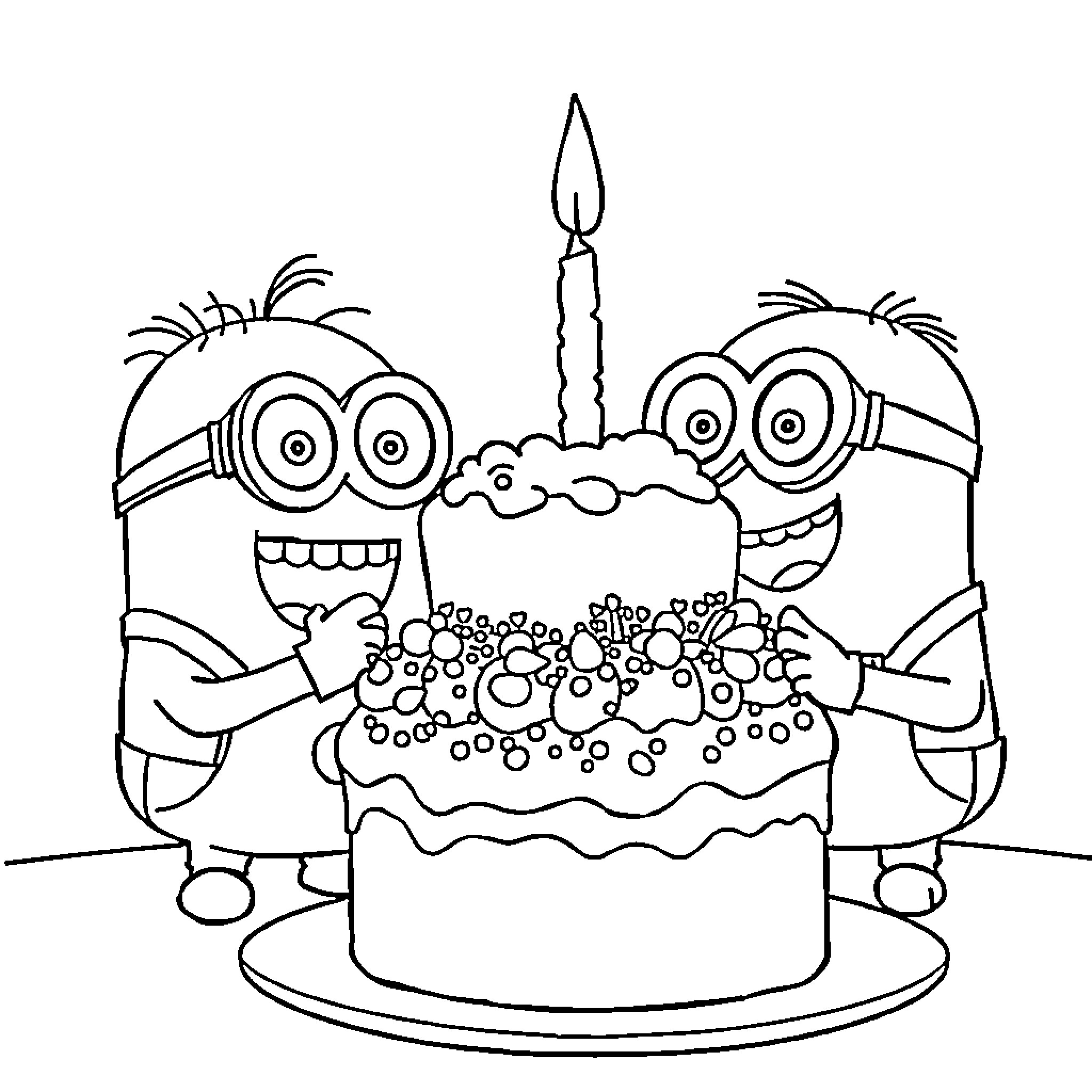 Minions celebrating with cake and candle Coloring Page (free black-and-white line drawing printable PDF for all, from beginners to advanced learners, including children, teens, adults, and seniors)