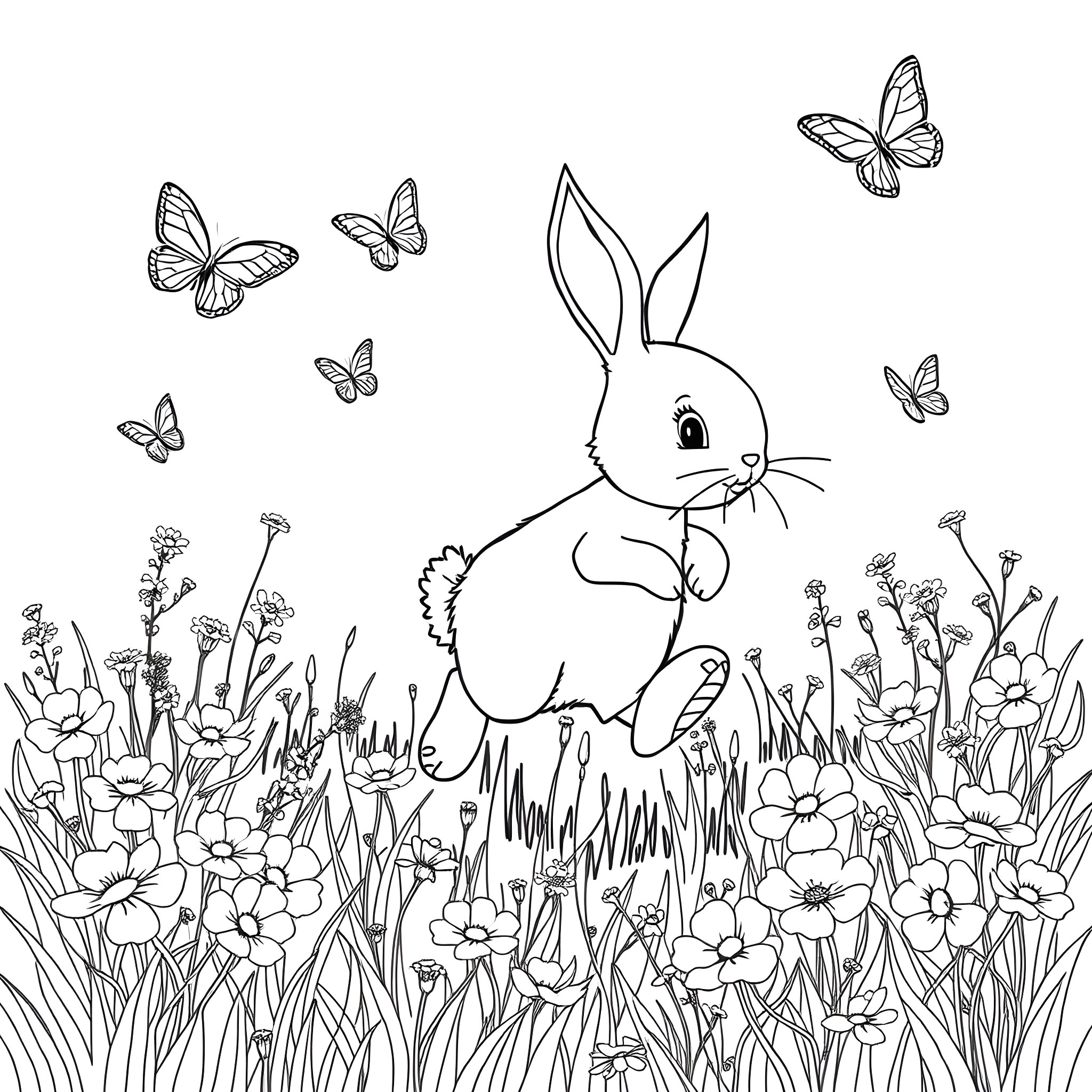 Bunny in a floral garden with butterflies Coloring Page (free black-and-white line drawing printable PDF for all, from beginners to advanced learners, including children, teens, adults, and seniors)