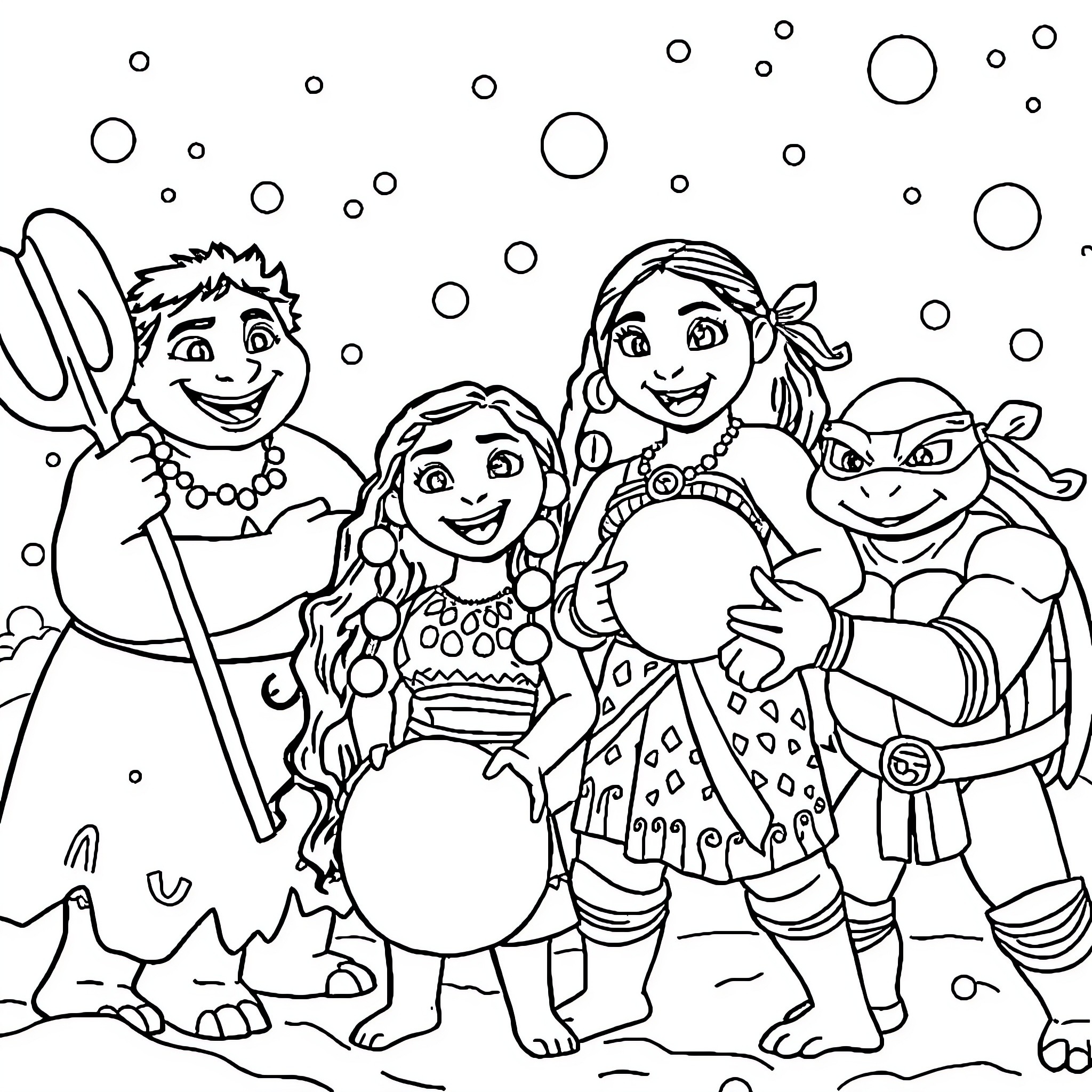 Moana and friends on a winter adventure Coloring Page (free black-and-white line drawing printable PDF for all, from beginners to advanced learners, including children, teens, adults, and seniors)