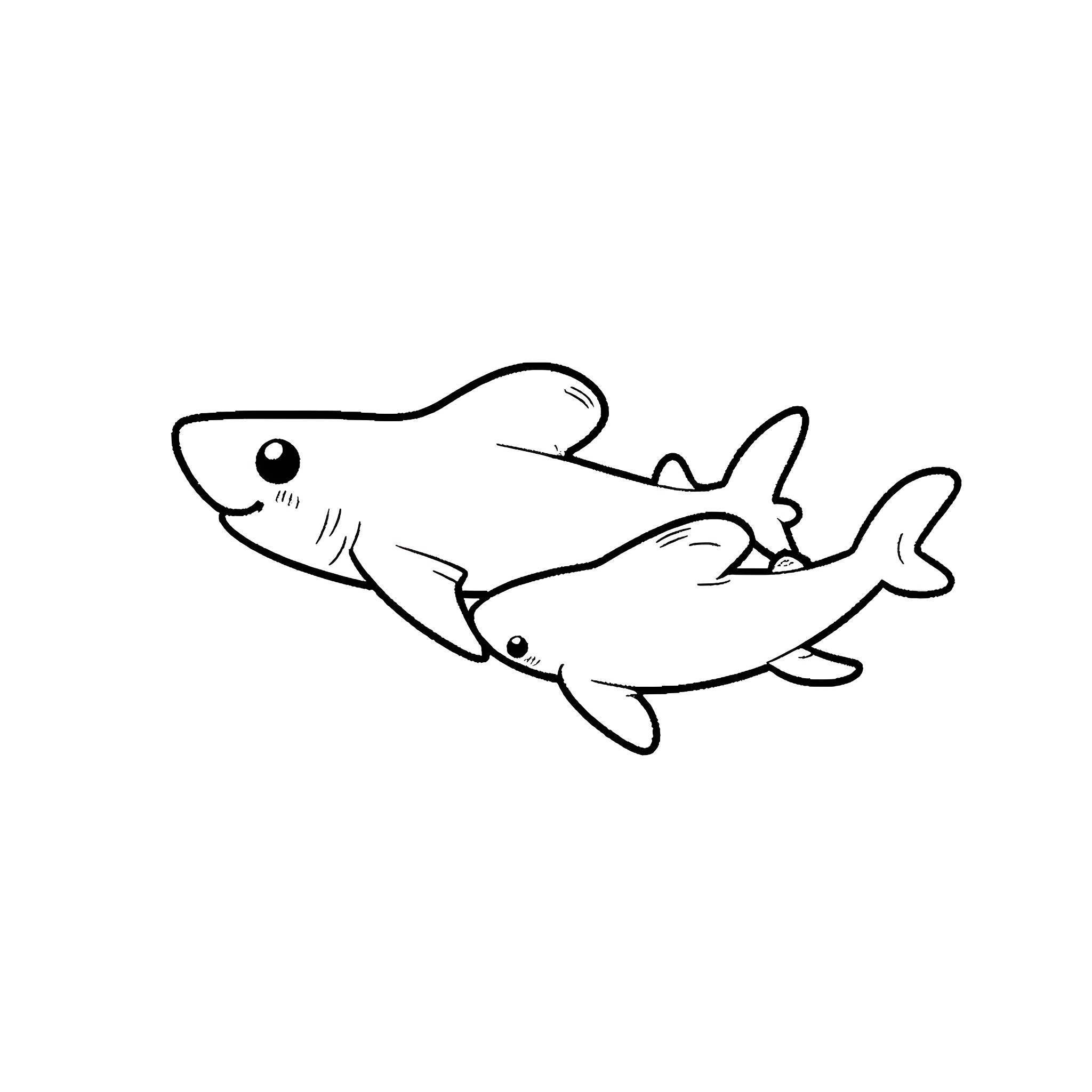 Shark swimming happily in the ocean Coloring Page (free black-and-white line drawing printable PDF for all, from beginners to advanced learners, including children, teens, adults, and seniors)