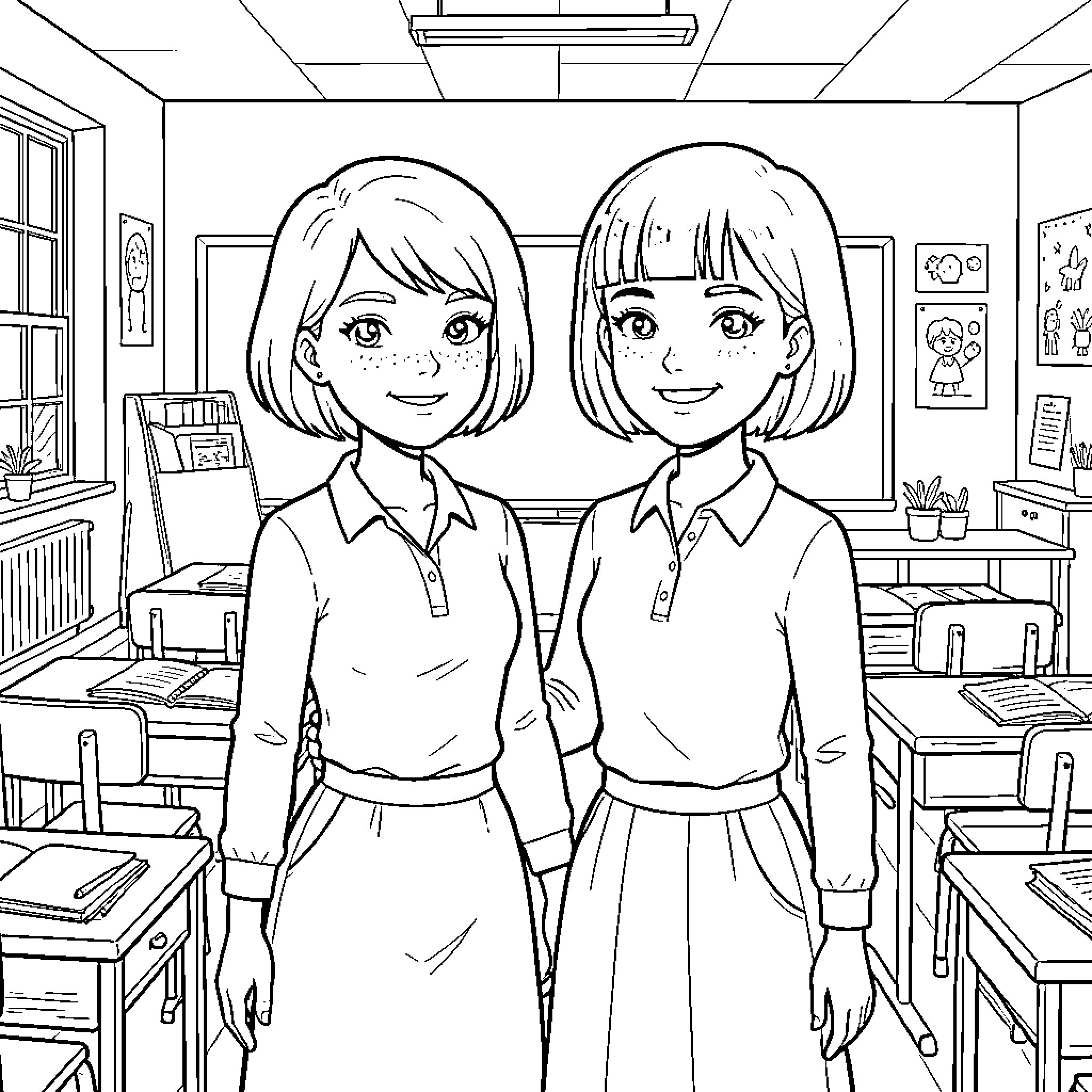 Teacher standing smiling in a classroom setting Coloring Page (free black-and-white line drawing printable PDF for all, from beginners to advanced learners, including children, teens, adults, and seniors)