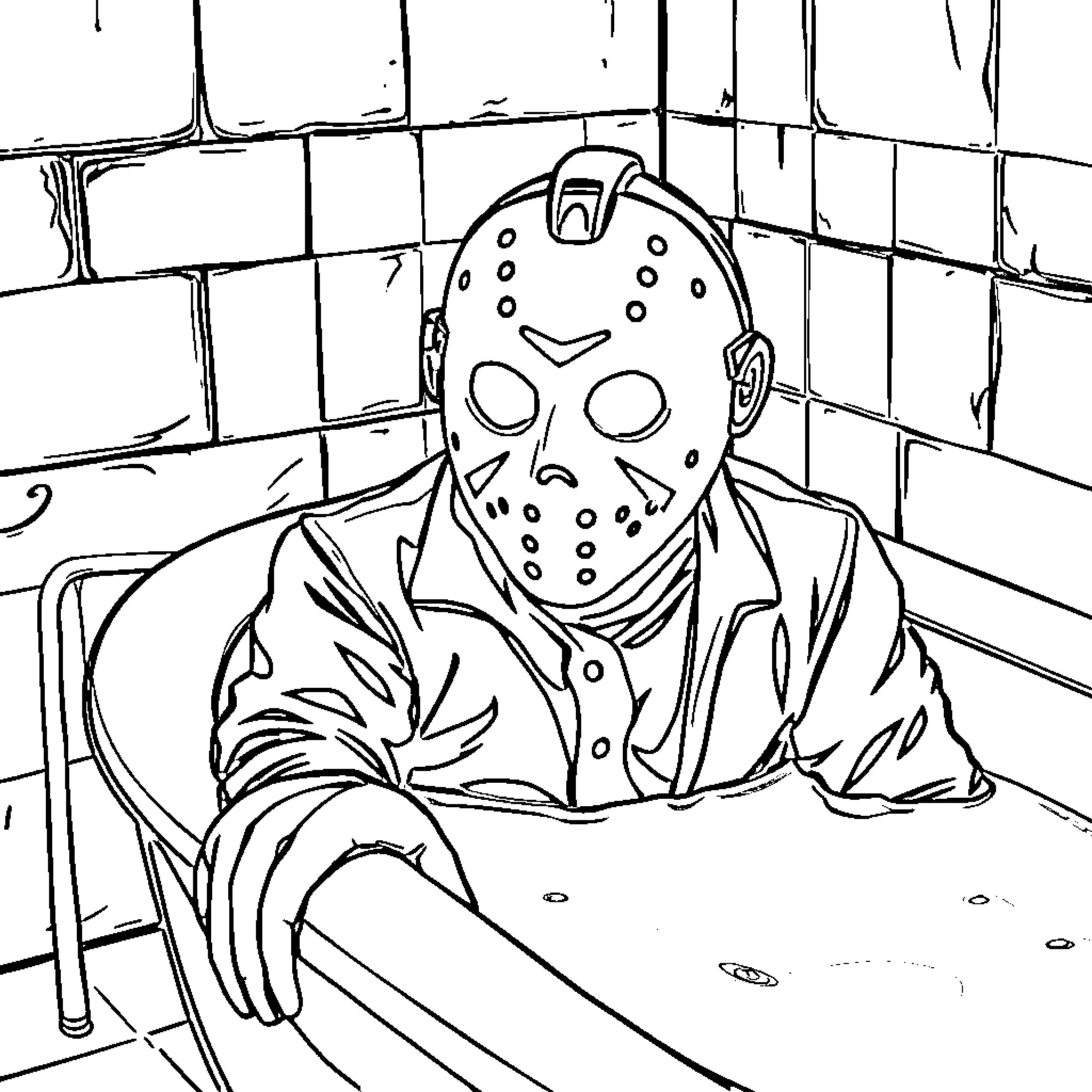 Jason Voorhees menacing presence in dark room Coloring Page (free black-and-white line drawing printable PDF for all, from beginners to advanced learners, including children, teens, adults, and seniors)