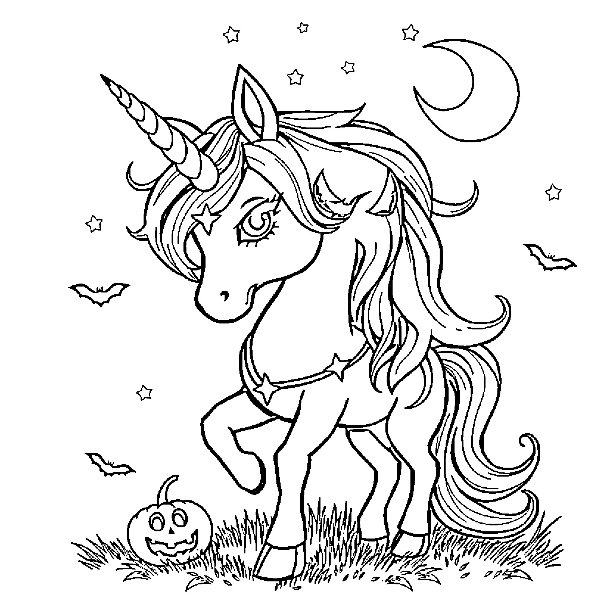 Unicorn strolling in the moonlit field Coloring Page (free black-and-white line drawing printable PDF for all, from beginners to advanced learners, including children, teens, adults, and seniors)