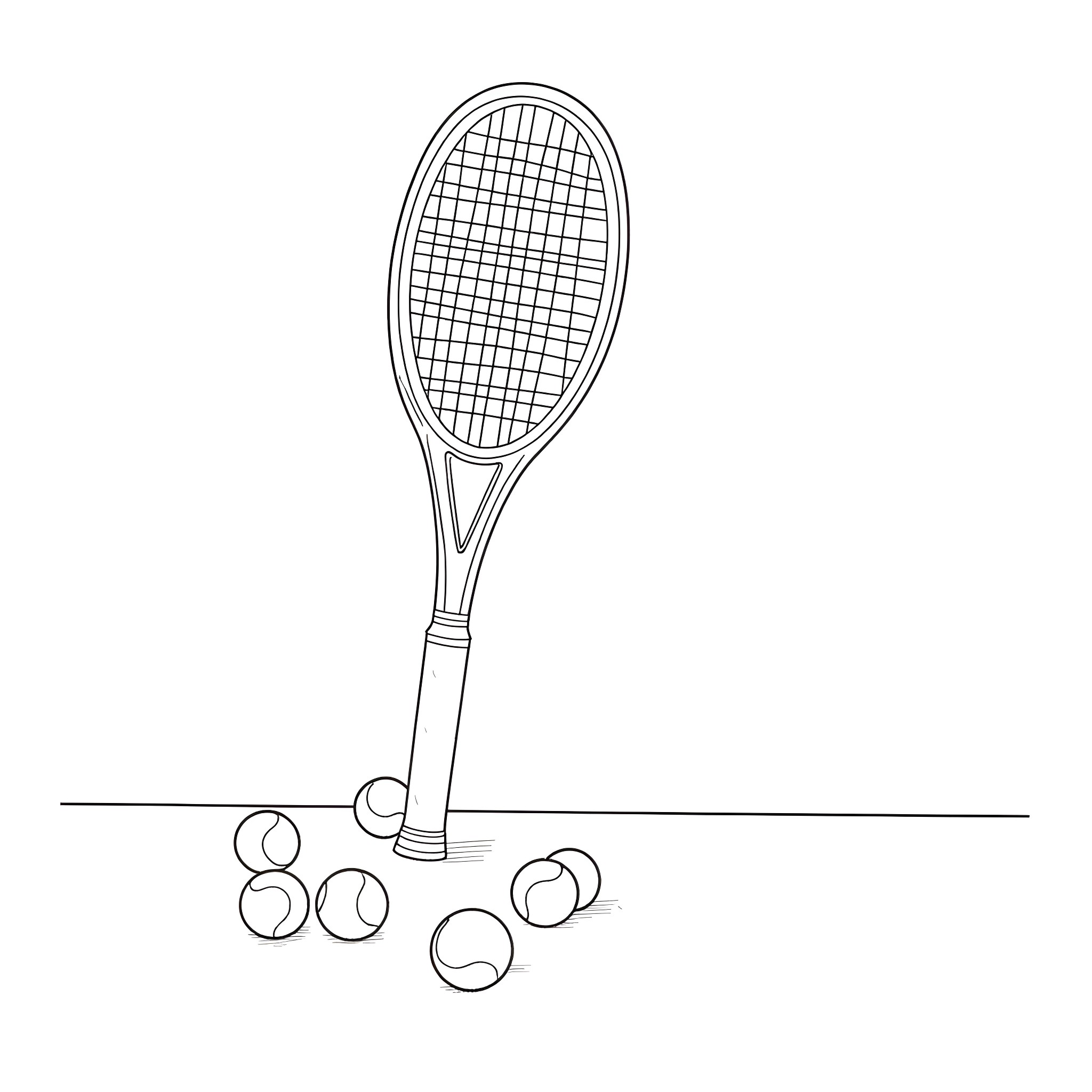 Tennis Racket and Balls on a Court Coloring Page (free black-and-white line drawing printable PDF for all, from beginners to advanced learners, including children, teens, adults, and seniors)