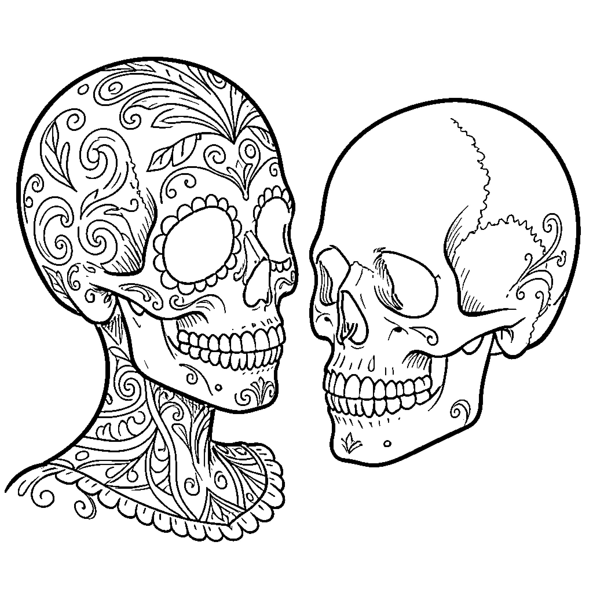 Skull with intricate floral patterns facing a plain skull Coloring Page (free black-and-white line drawing printable PDF for all, from beginners to advanced learners, including children, teens, adults, and seniors)