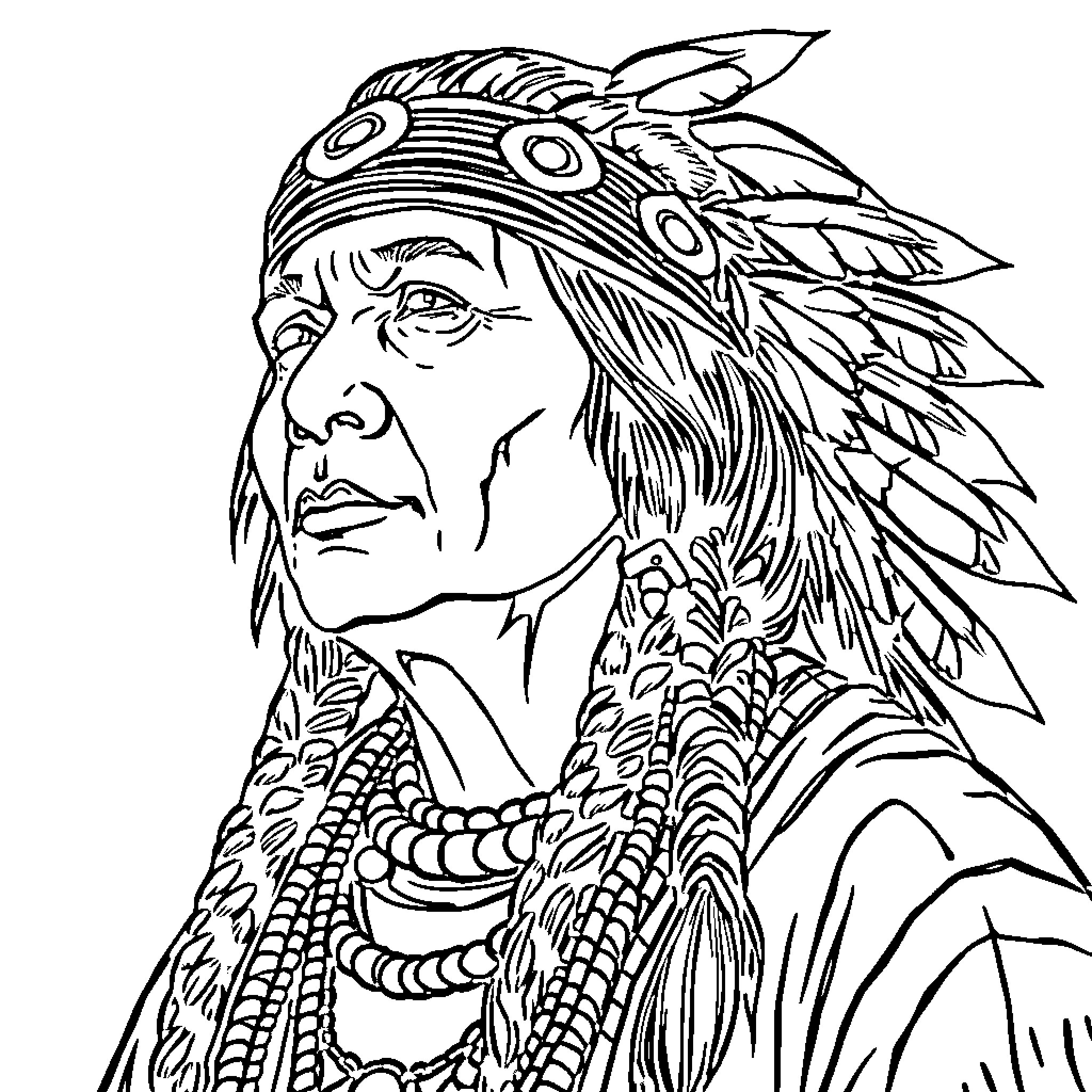 Native Indigenous Person in Traditional Attire Coloring Page (free black-and-white line drawing printable PDF for all, from beginners to advanced learners, including children, teens, adults, and seniors)