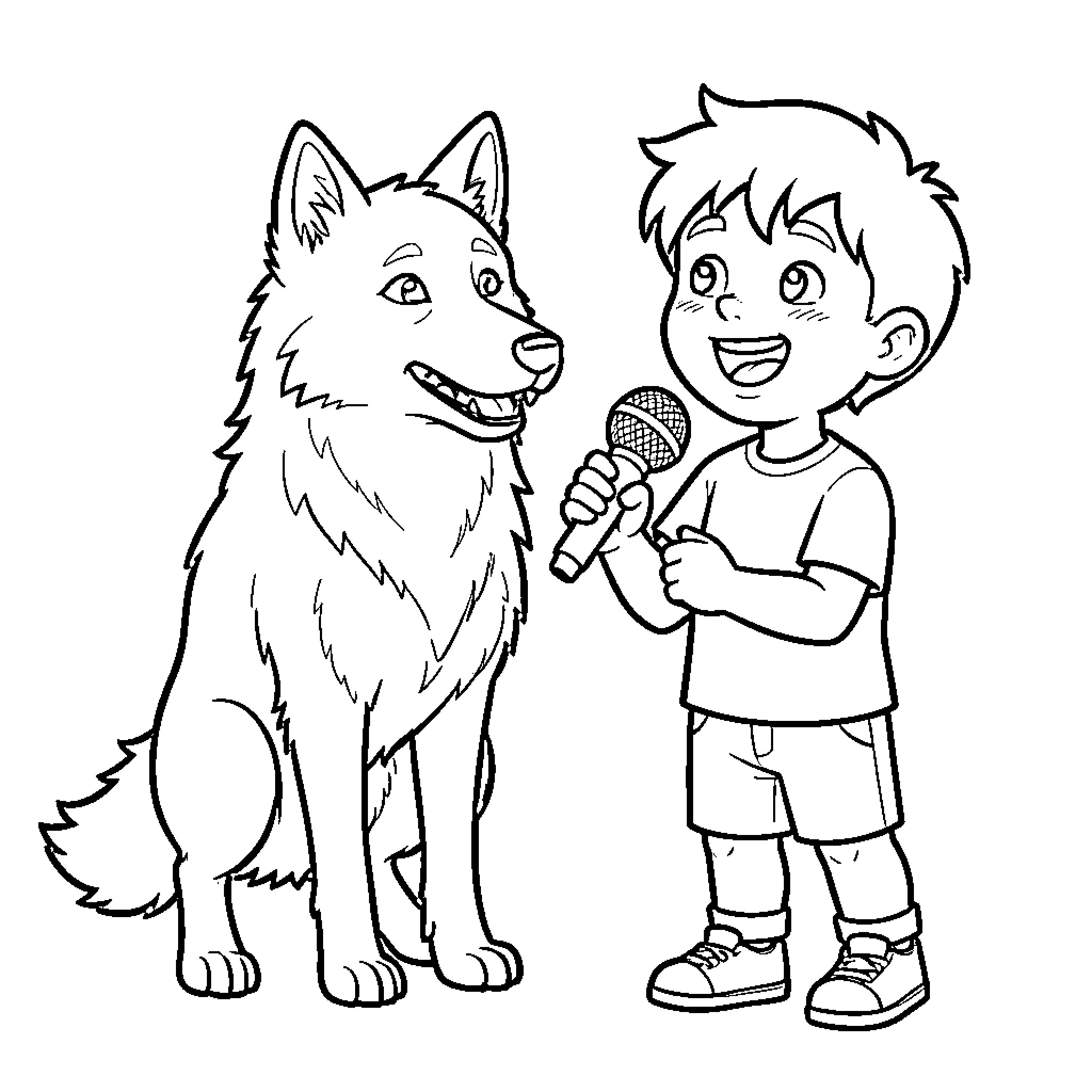 Wolf sitting calmly beside a smiling boy with a microphone Coloring Page (free black-and-white line drawing printable PDF for all, from beginners to advanced learners, including children, teens, adults, and seniors)