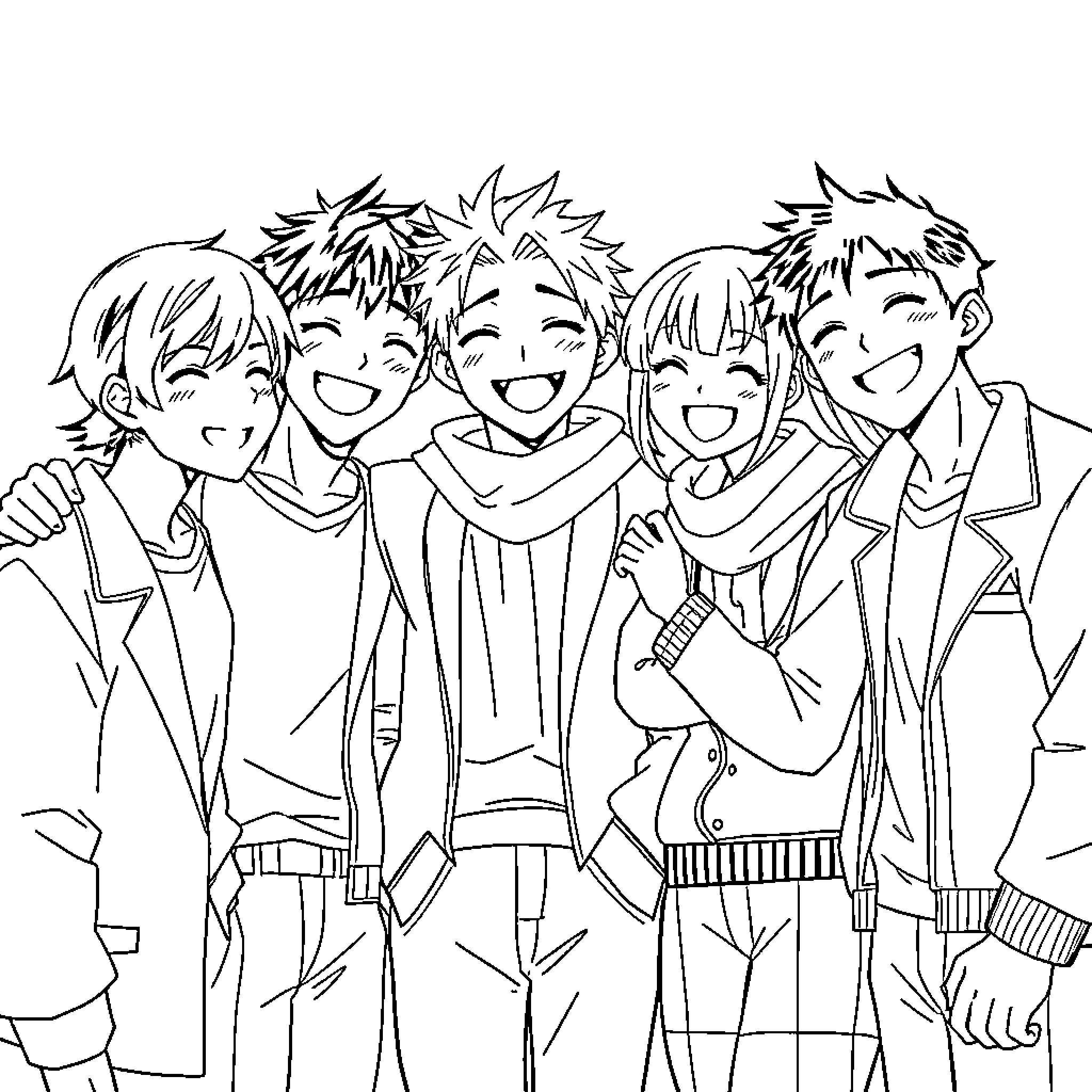 Haikyu: Energetic volleyball team celebrating together Coloring Page (free black-and-white line drawing printable PDF for all, from beginners to advanced learners, including children, teens, adults, and seniors)