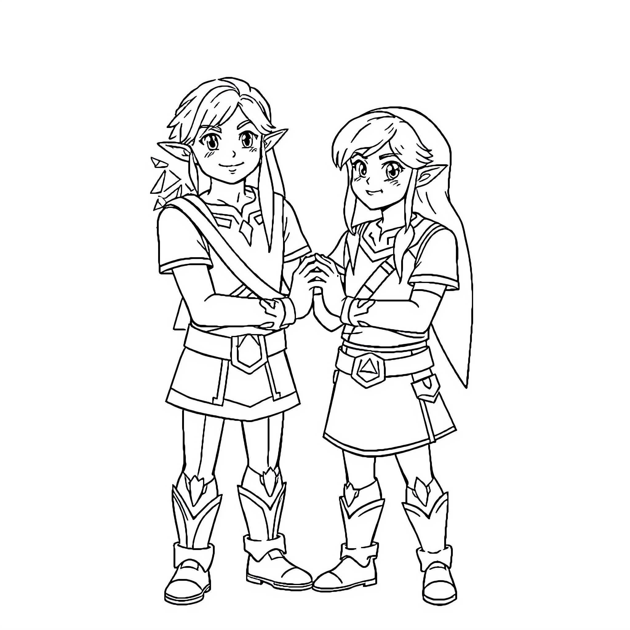 Zelda characters in heroic poses Coloring Page (free black-and-white line drawing printable PDF for all, from beginners to advanced learners, including children, teens, adults, and seniors)