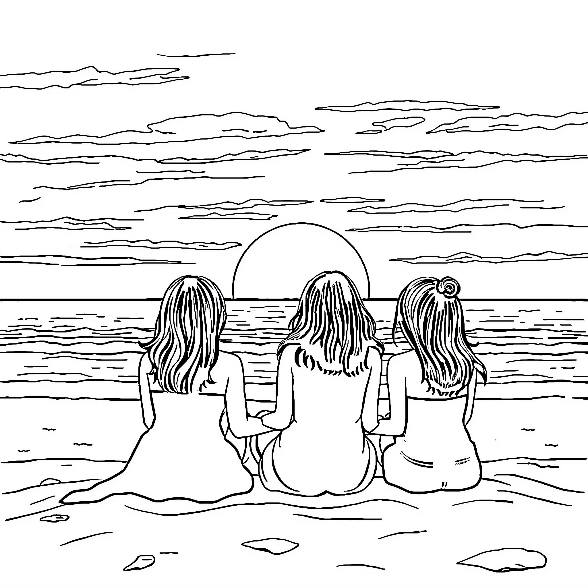 Sisters enjoying a sunset beach scene Coloring Page (free black-and-white line drawing printable PDF for all, from beginners to advanced learners, including children, teens, adults, and seniors)
