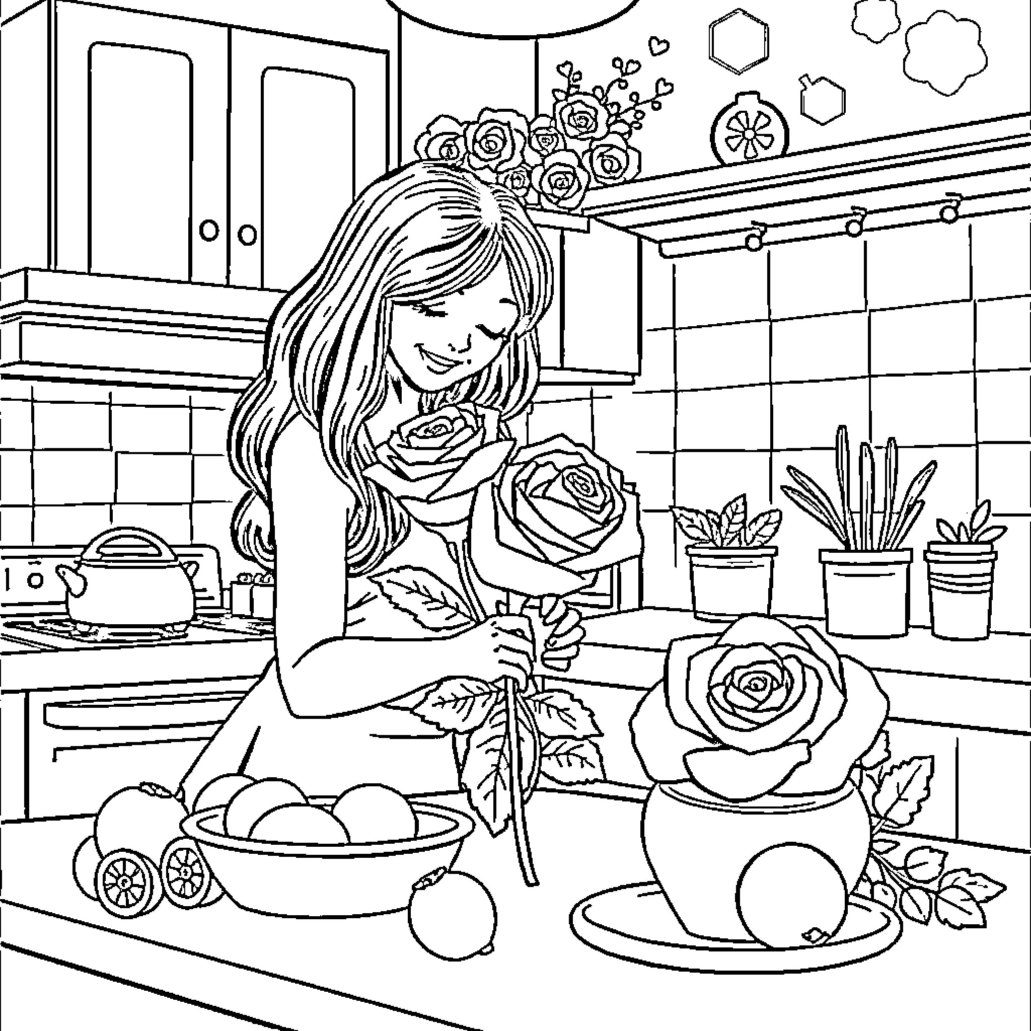 Strawberry girl arranges flowers in kitchen Coloring Page (free black-and-white line drawing printable PDF for all, from beginners to advanced learners, including children, teens, adults, and seniors)