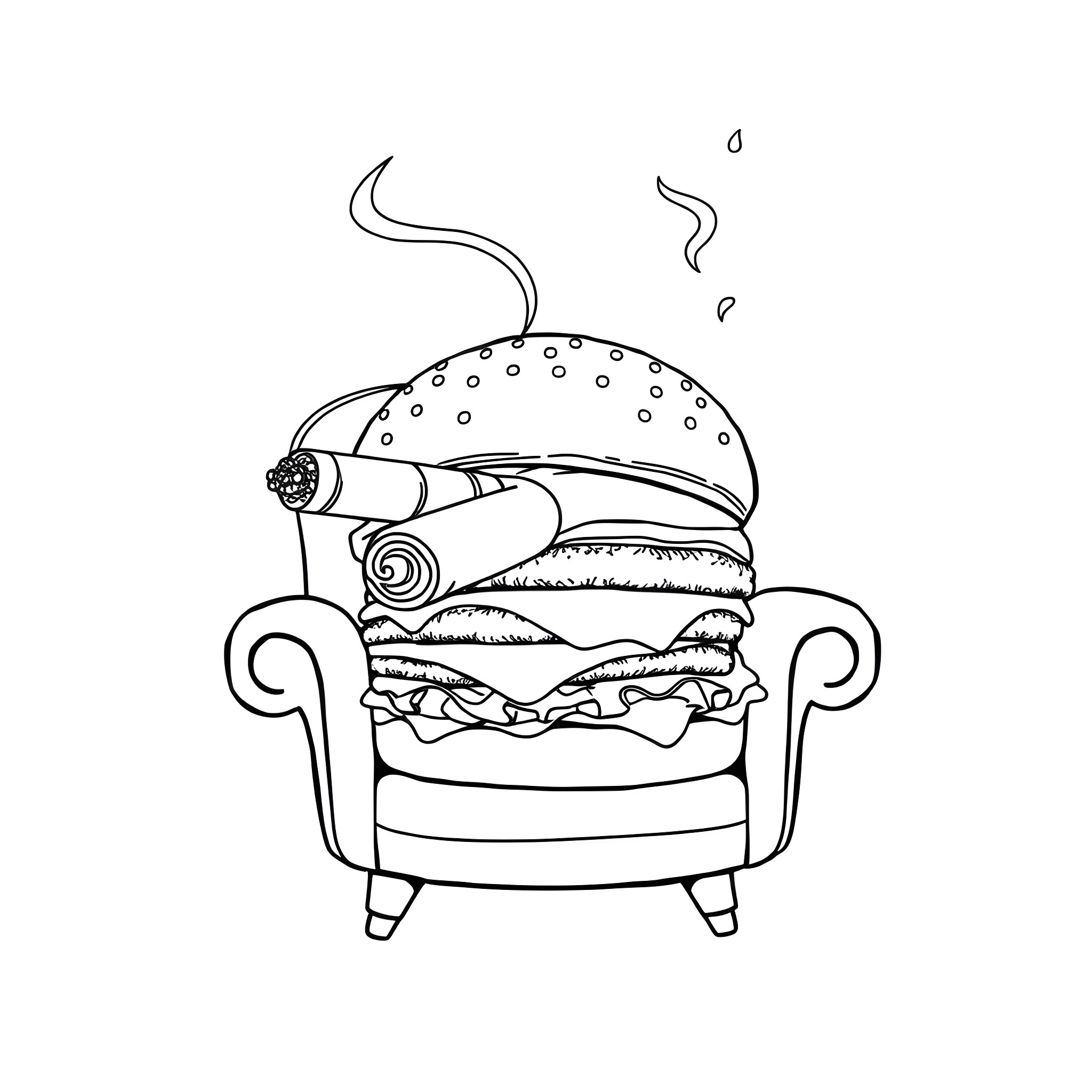 Cheeseburger lounging comfortably on an armchair Coloring Page (free black-and-white line drawing printable PDF for all, from beginners to advanced learners, including children, teens, adults, and seniors)