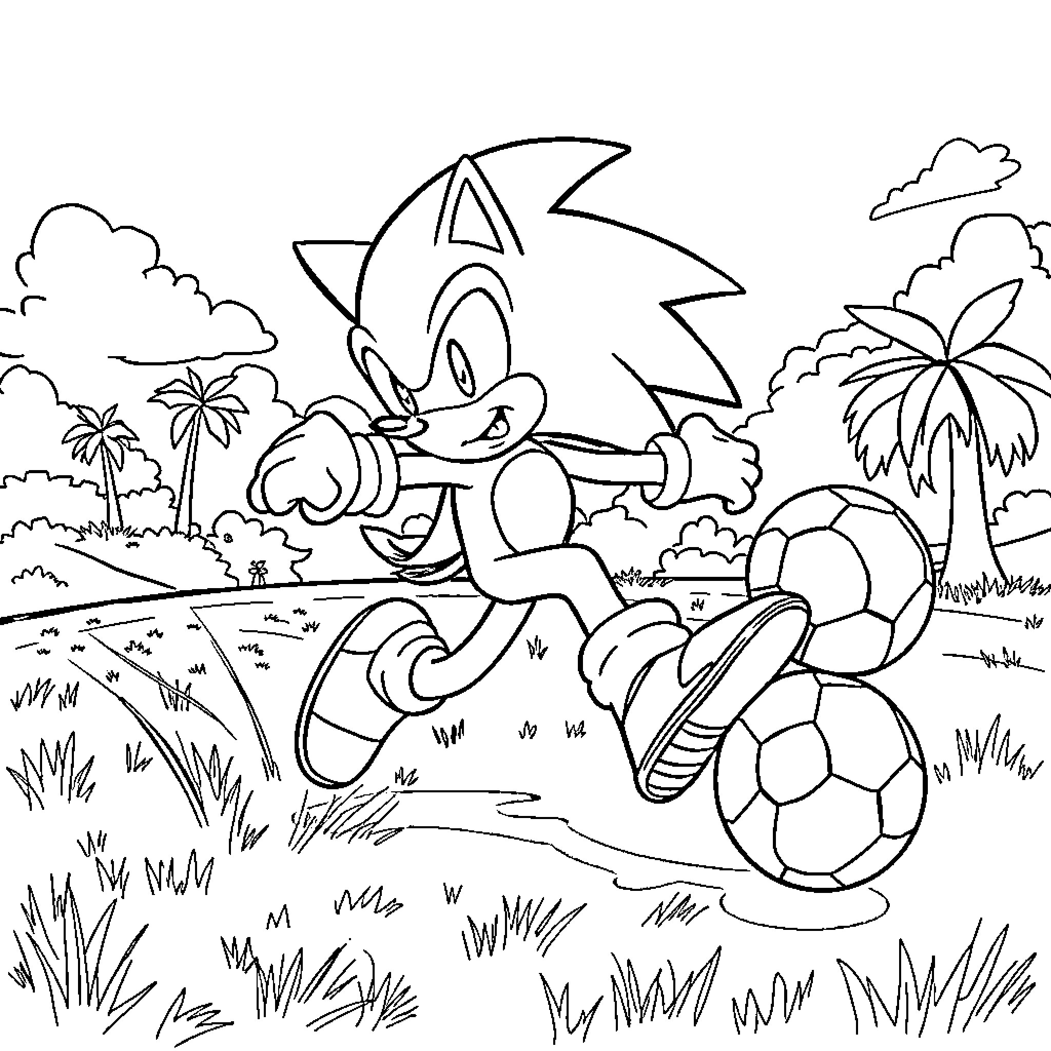 Sonic running with a soccer ball in a tropical landscape Coloring Page (free black-and-white line drawing printable PDF for all, from beginners to advanced learners, including children, teens, adults, and seniors)