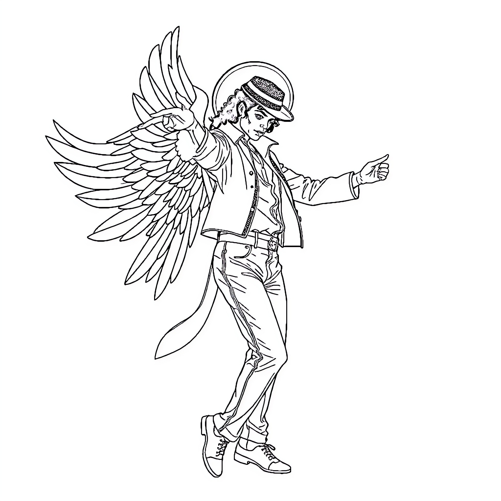 Michael Jackson as Angelic Performer with Wings Coloring Page (free black-and-white line drawing printable PDF for all, from beginners to advanced learners, including children, teens, adults, and seniors)