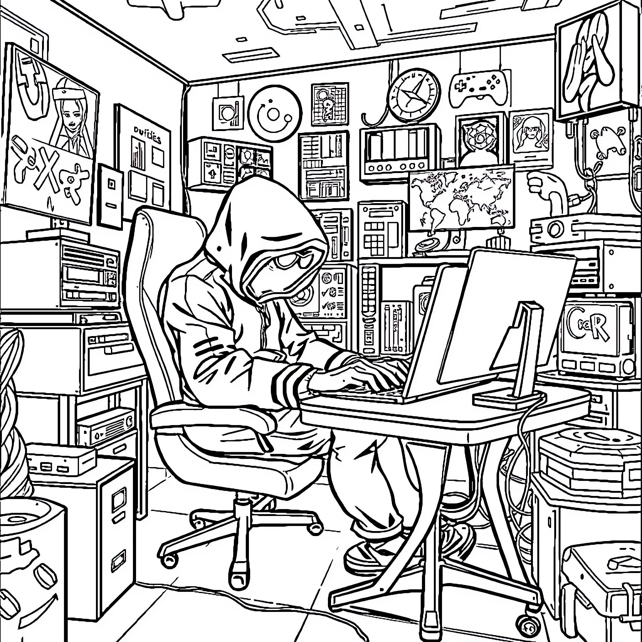 Hacker Infiltrating Computer Systems in Cluttered Tech Room Coloring Page (free black-and-white line drawing printable PDF for all, from beginners to advanced learners, including children, teens, adults, and seniors)
