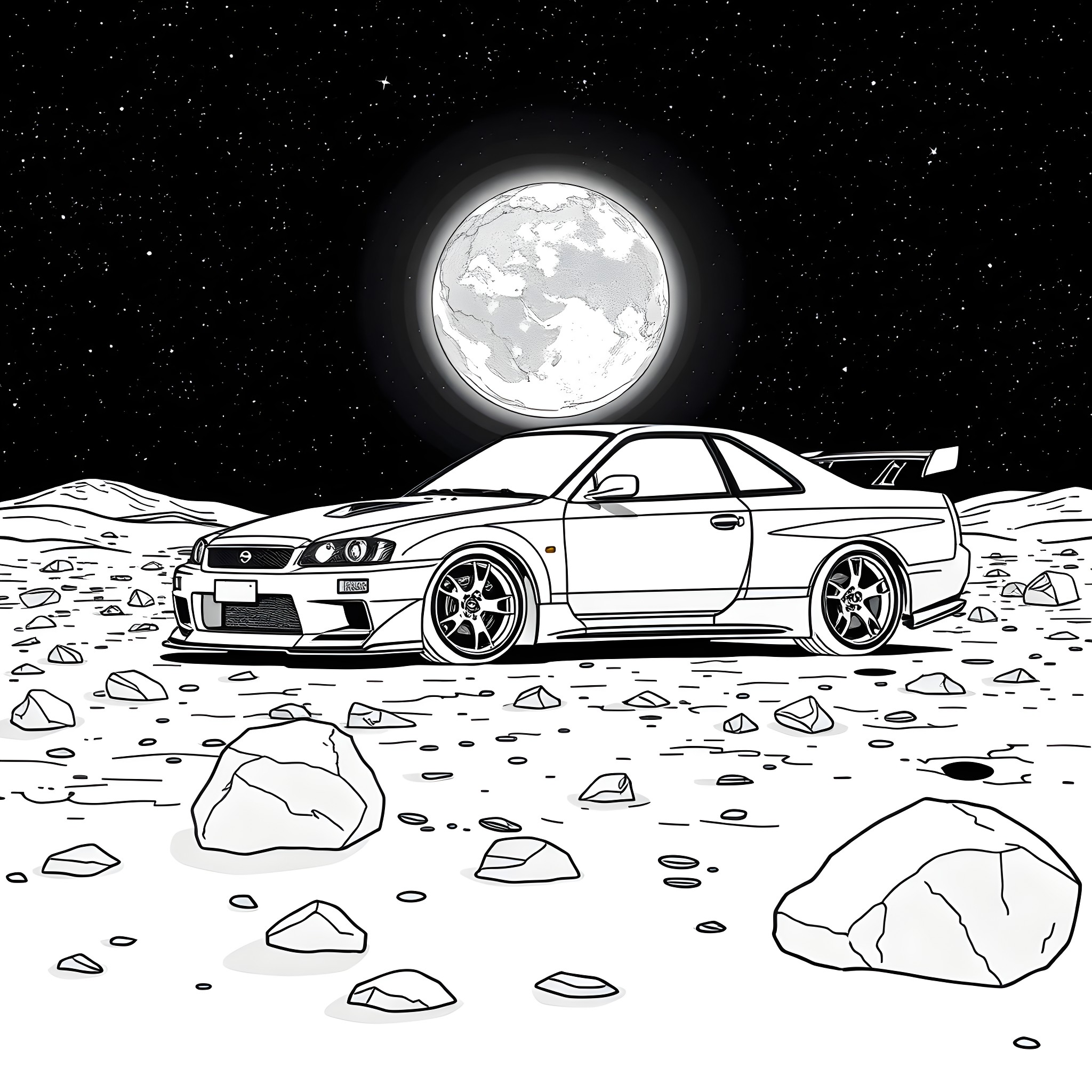 Nissan sports car on the lunar surface Coloring Page (free black-and-white line drawing printable PDF for all, from beginners to advanced learners, including children, teens, adults, and seniors)