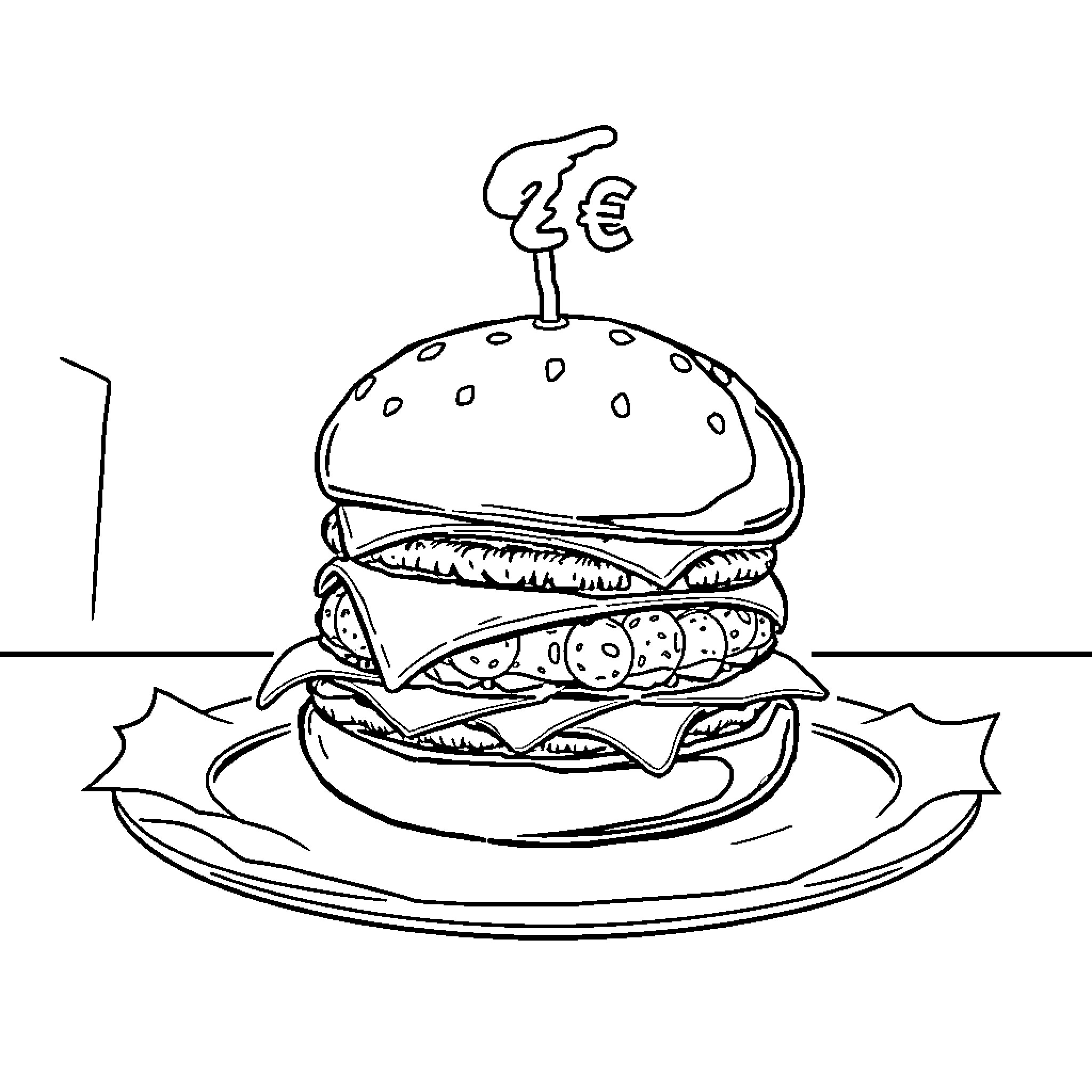 Cheeseburger with Euro symbol and plate Coloring Page (free black-and-white line drawing printable PDF for all, from beginners to advanced learners, including children, teens, adults, and seniors)