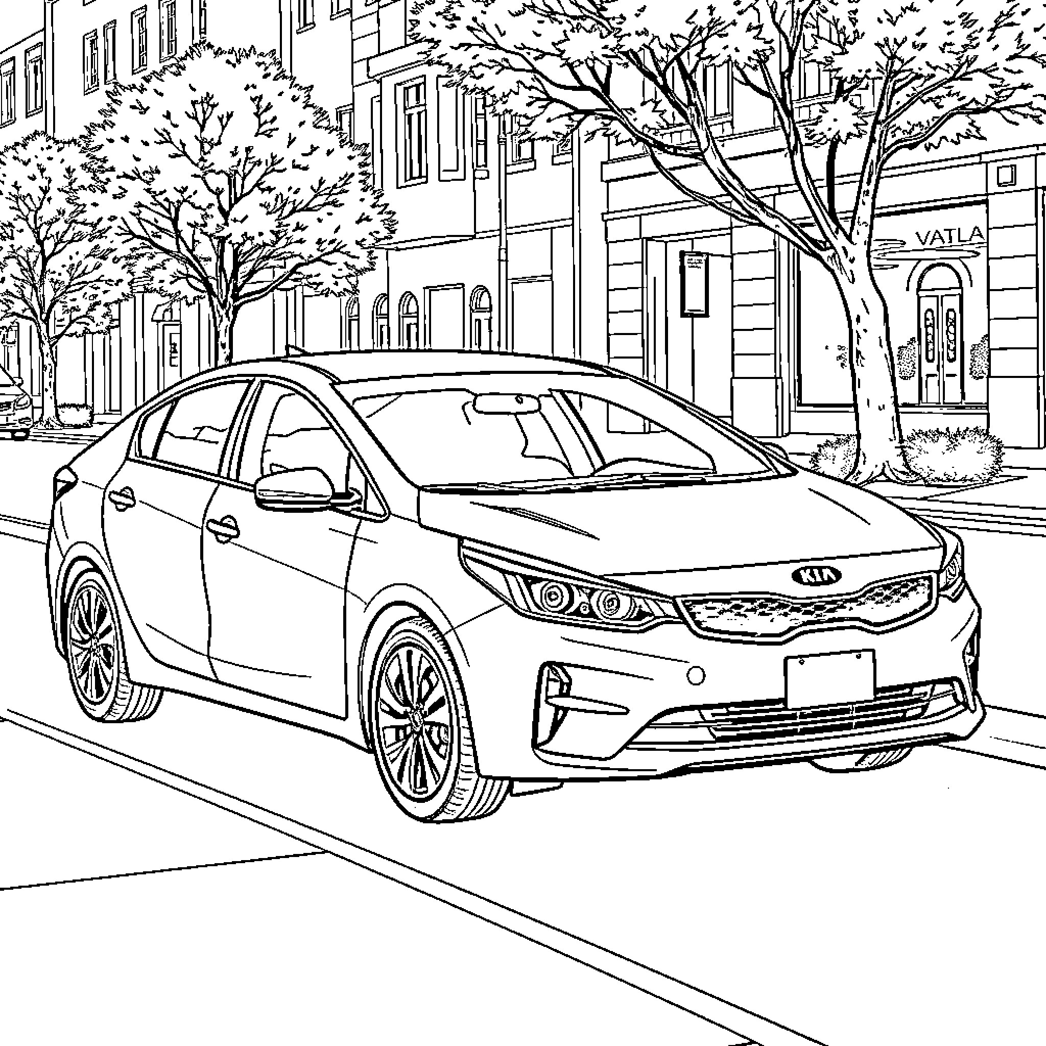 Kia car on a city street with trees Coloring Page (free black-and-white line drawing printable PDF for all, from beginners to advanced learners, including children, teens, adults, and seniors)