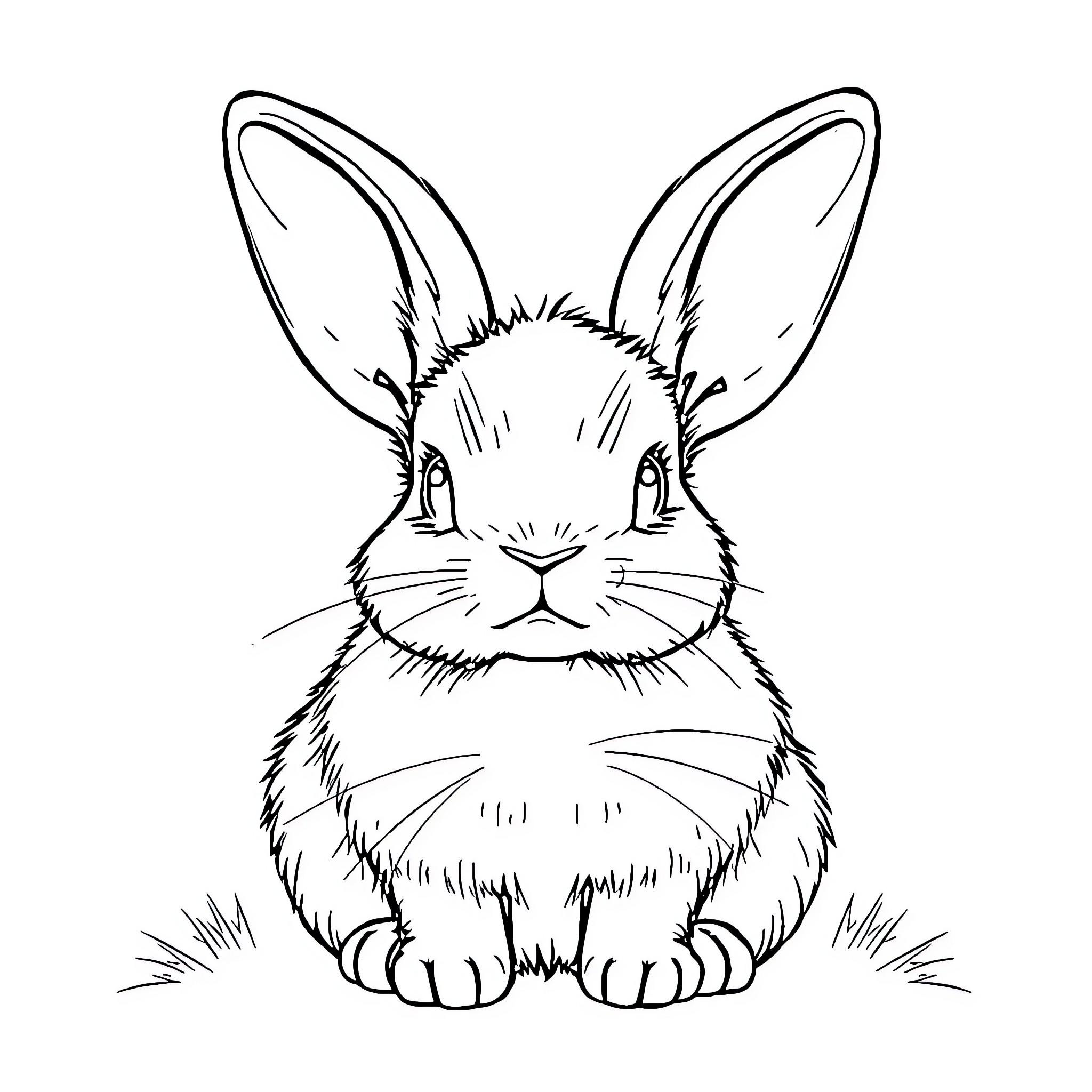 Rabbit sitting curiously in the grass Coloring Page (free black-and-white line drawing printable PDF for all, from beginners to advanced learners, including children, teens, adults, and seniors)