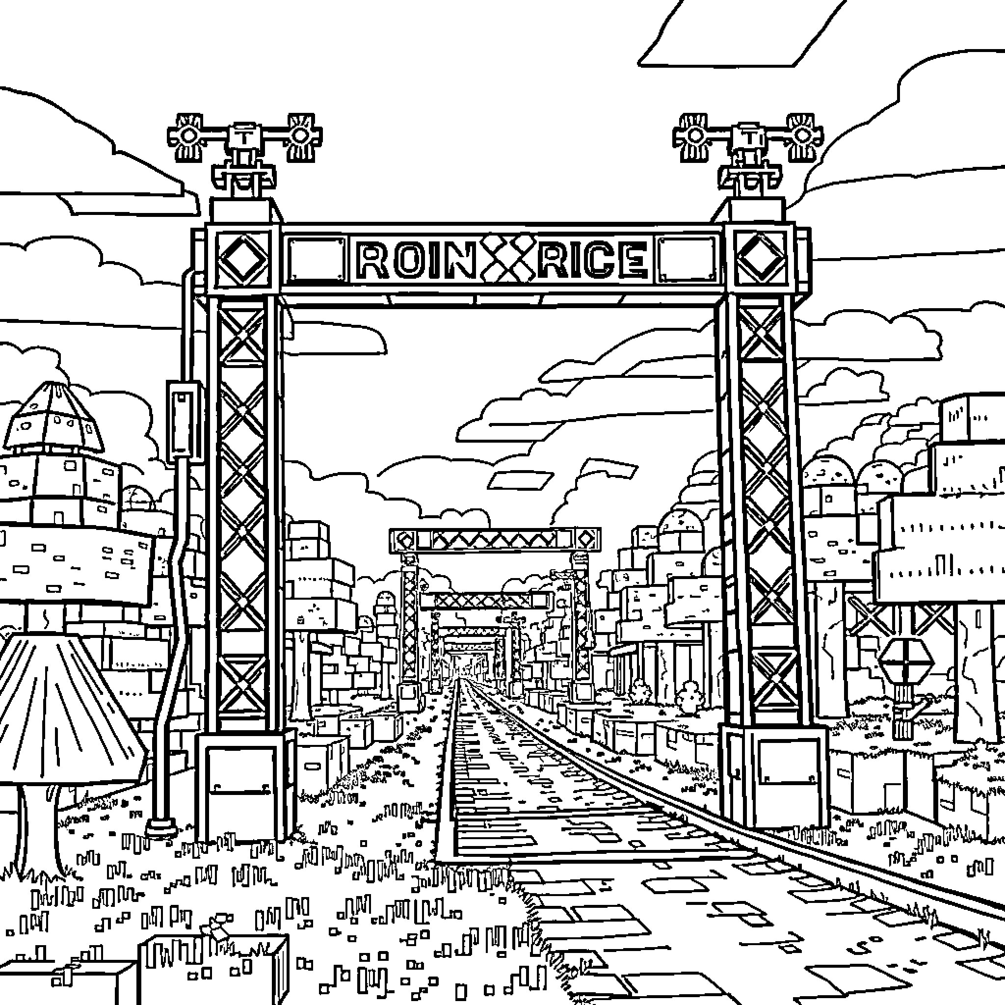 Train station in a bustling city Coloring Page (free black-and-white line drawing printable PDF for all, from beginners to advanced learners, including children, teens, adults, and seniors)