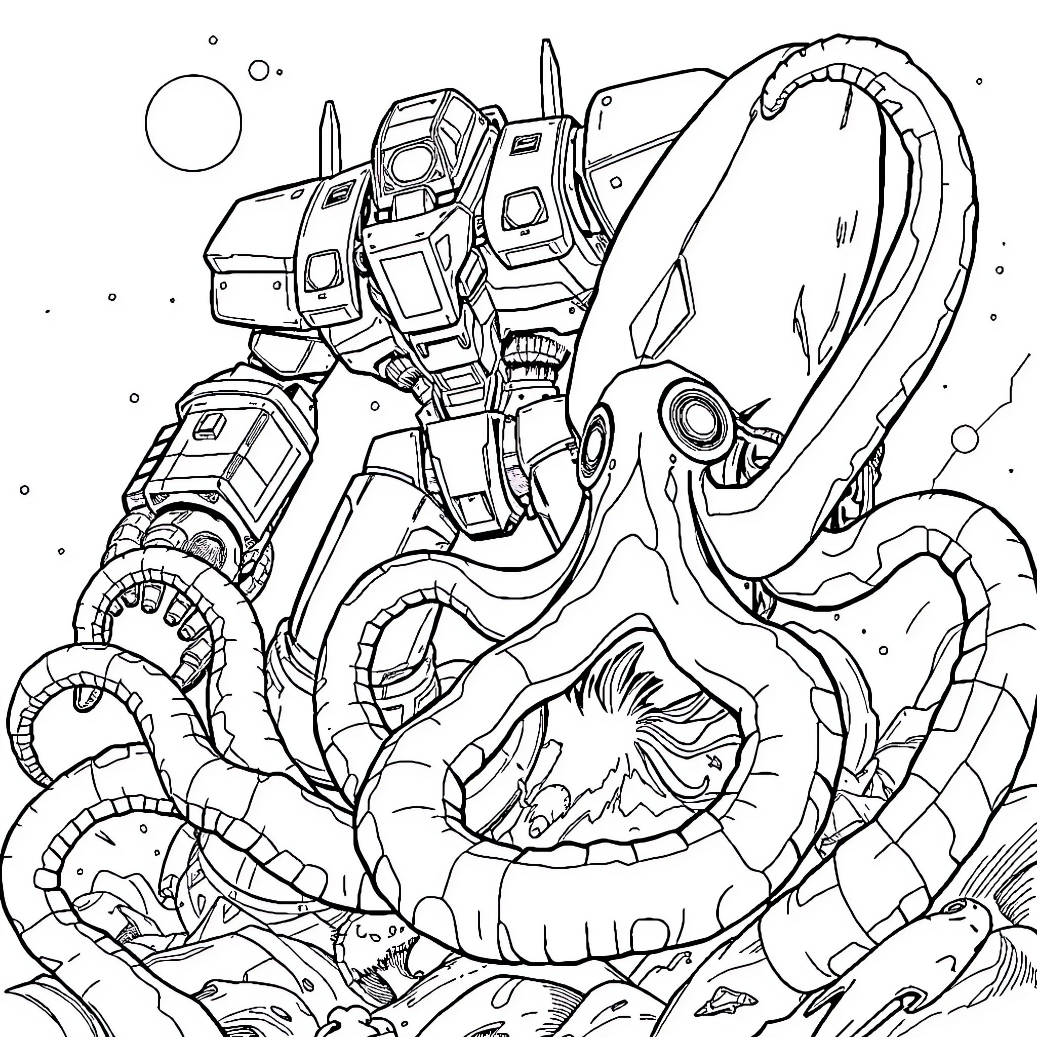 Robot battling giant sea creature in space Coloring Page (free black-and-white line drawing printable PDF for all, from beginners to advanced learners, including children, teens, adults, and seniors)