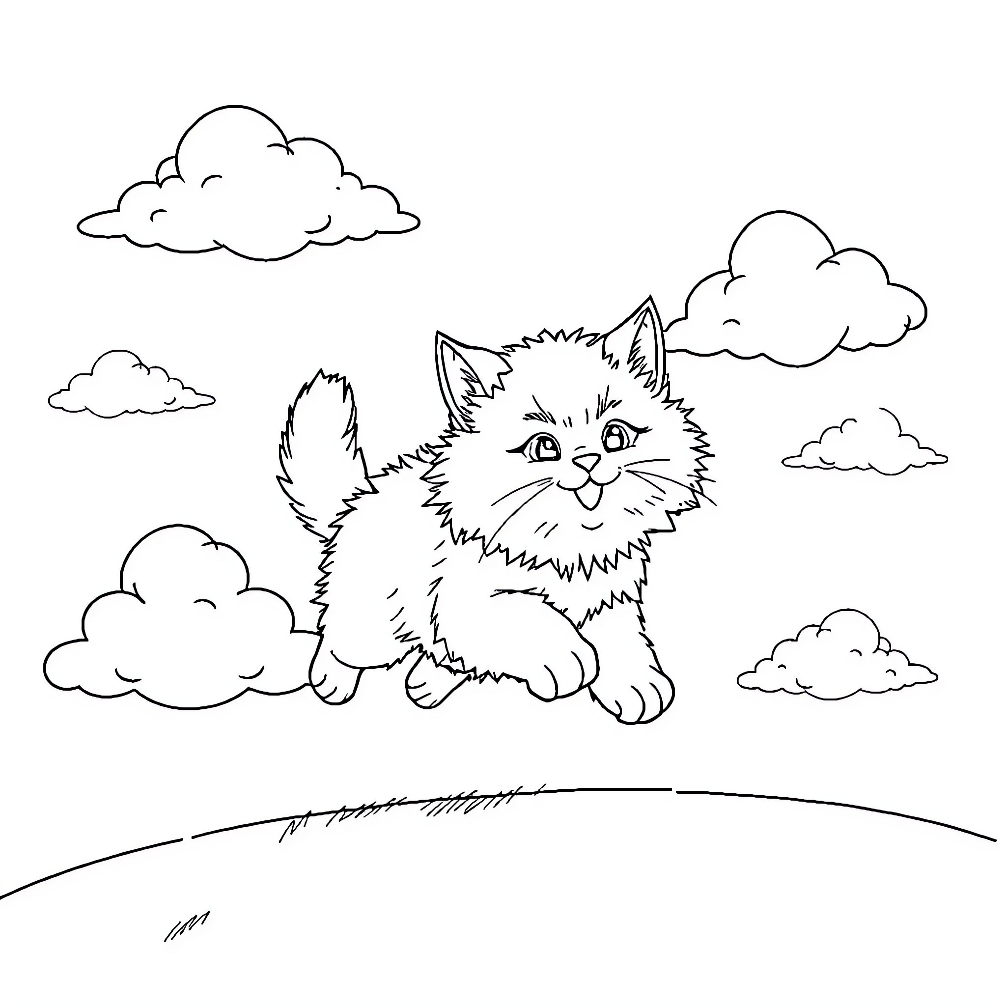 Cat playing in the clouds Coloring Page (free black-and-white line drawing printable PDF for all, from beginners to advanced learners, including children, teens, adults, and seniors)