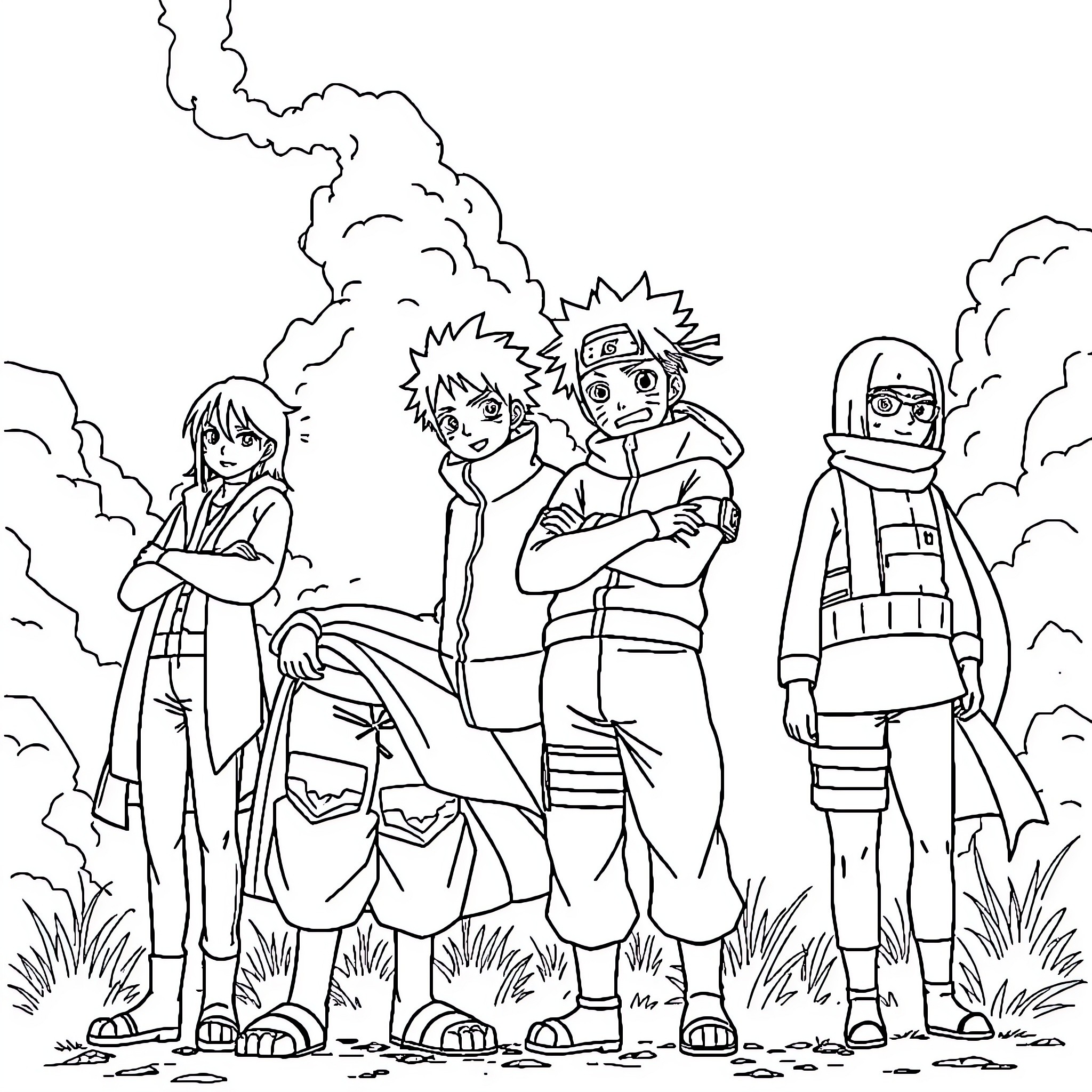 One Piece: Trio of Ninja Adventurers on a Journey Coloring Page (free black-and-white line drawing printable PDF for all, from beginners to advanced learners, including children, teens, adults, and seniors)