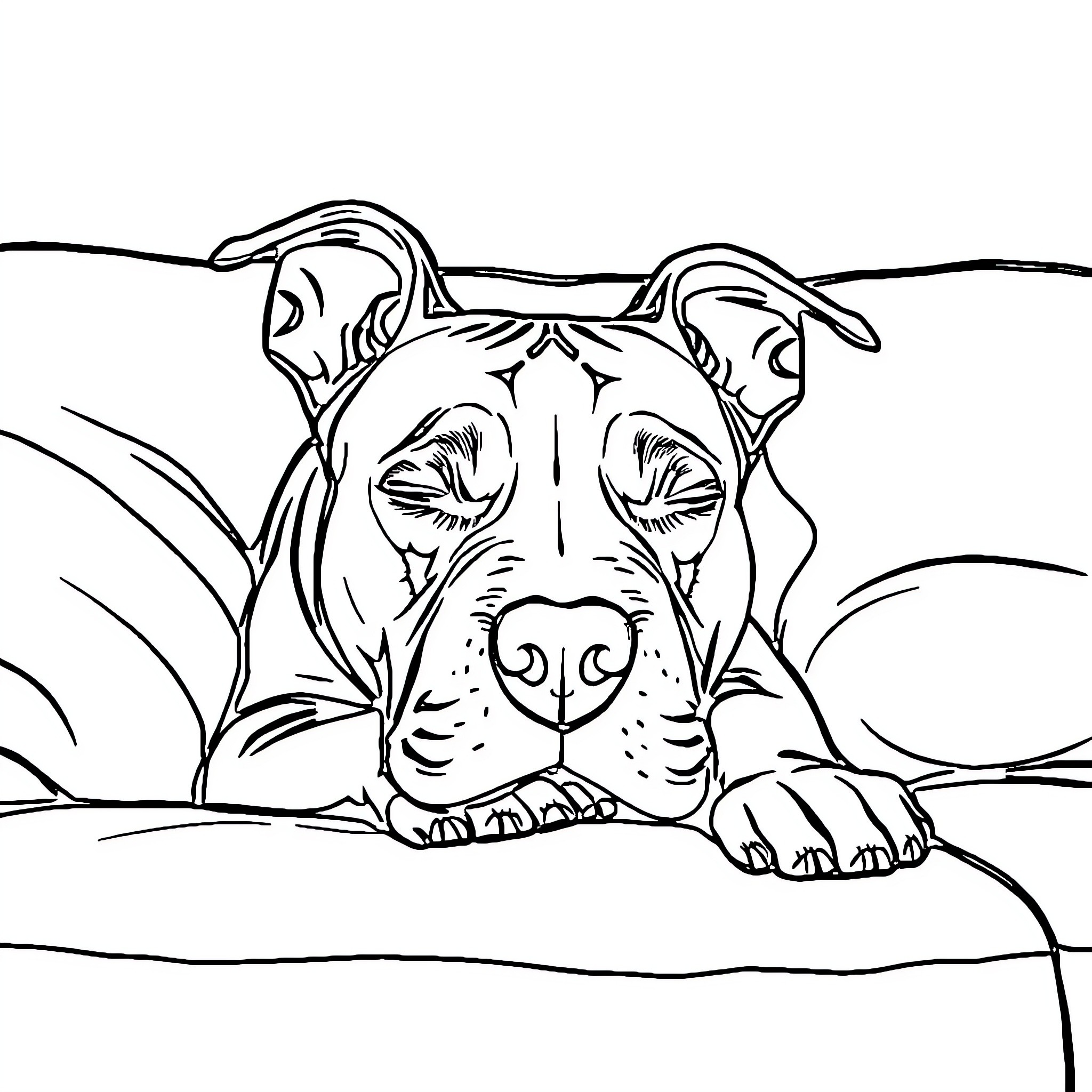 Pit Bull resting in field Coloring Page (free black-and-white line drawing printable PDF for all, from beginners to advanced learners, including children, teens, adults, and seniors)