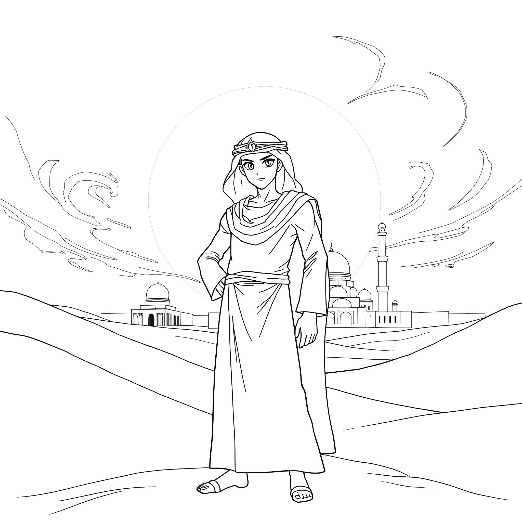 Saitama in traditional Arabian attire with desert and mosque backdrop Coloring Page (free black-and-white line drawing printable PDF for all, from beginners to advanced learners, including children, teens, adults, and seniors)